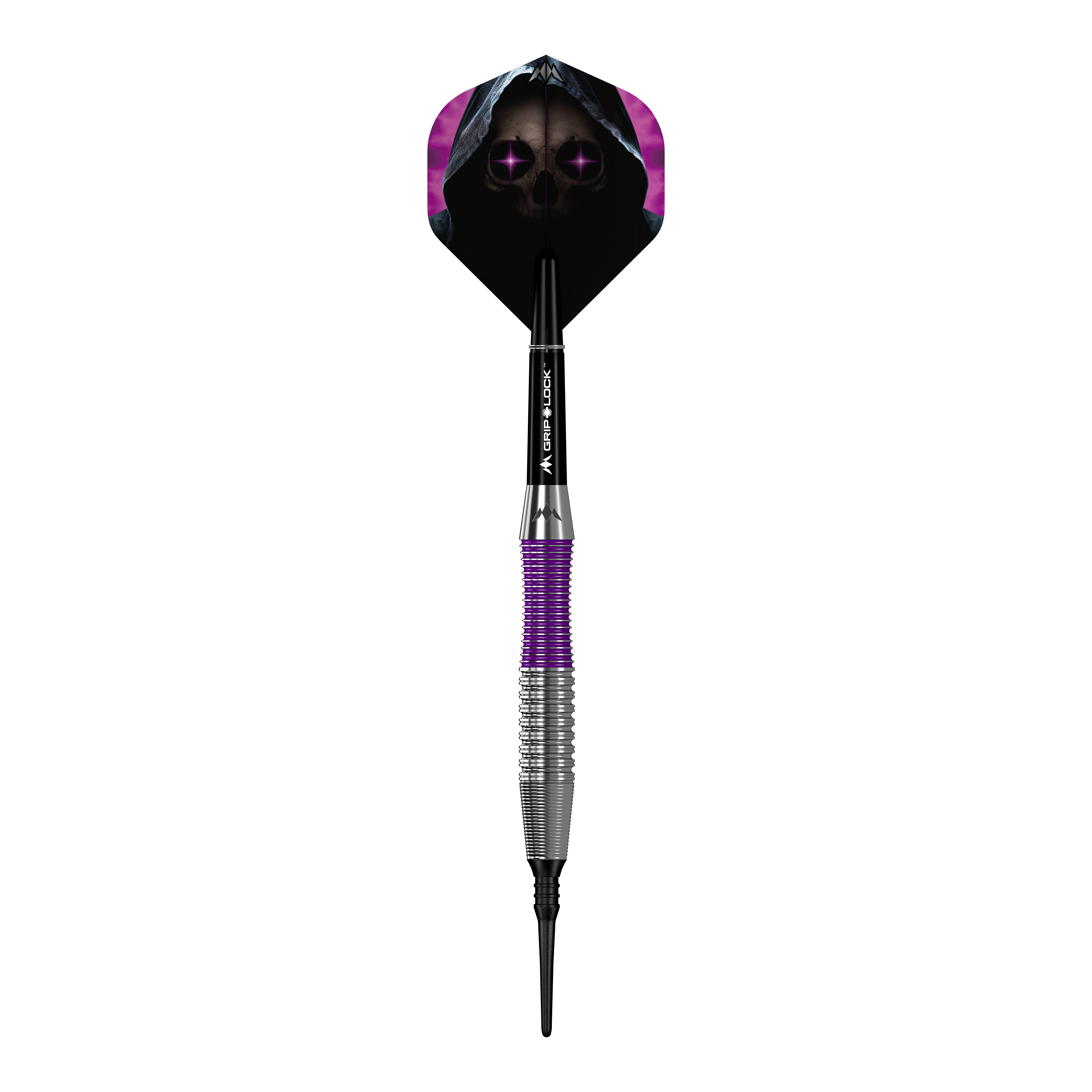 Mission Phantom Brass Soft Darts - 18g Der Mission Phantom Brass Softdart - 18g hat ein markantes Design mit lila und silbernem Griff. Das Dartflight zeigt ein gruseliges Totenkopf-Motiv mit violetten Augen und Kapuze.
