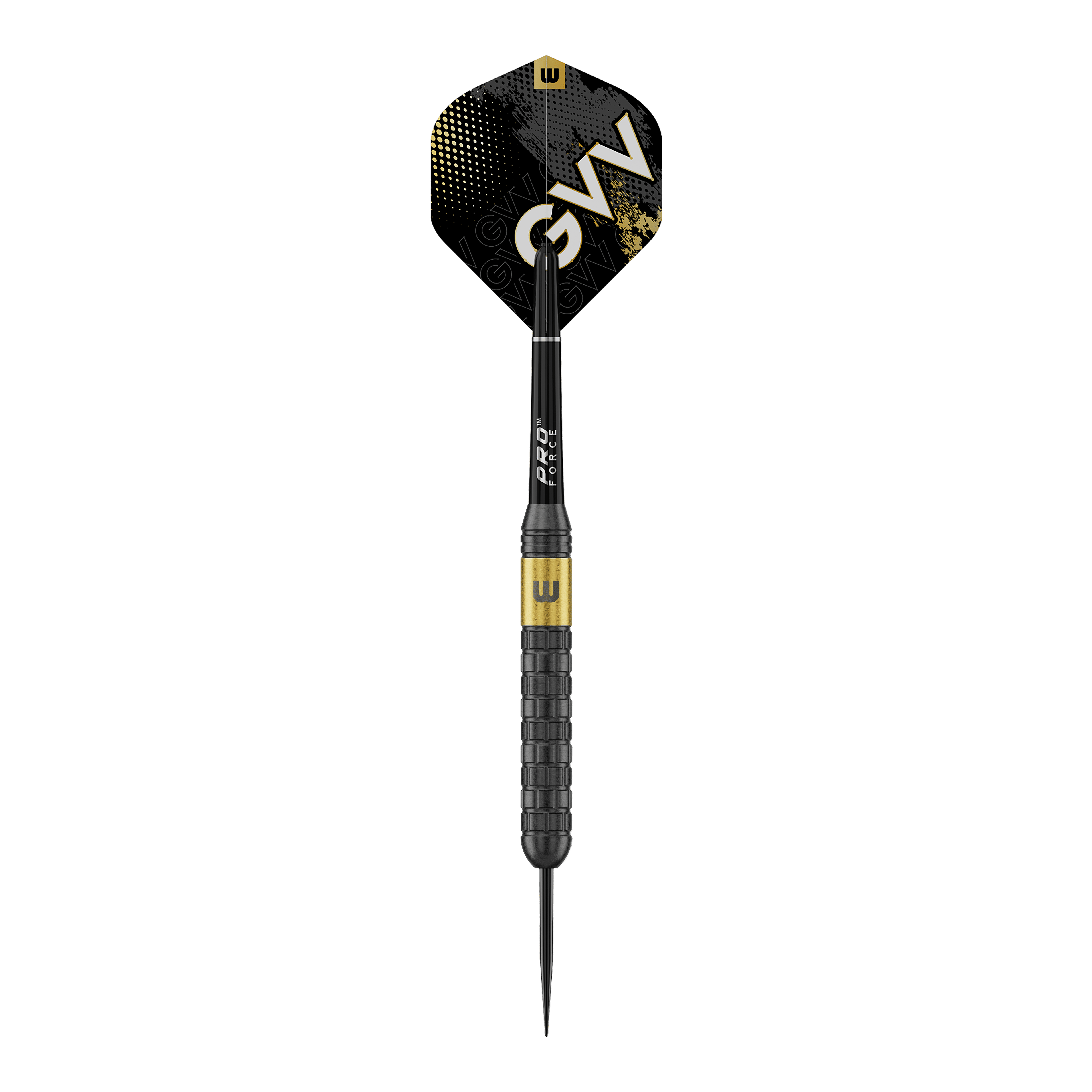 Winmau Gian Van Veen Core Brass Steeldarts - 21g Das Bild zeigt Winmau Gian Van Veen Core Brass Steeldarts mit einem Gewicht von 21 Gramm. Die Steeldarts sind aus einer seitlichen Perspektive zu sehen.