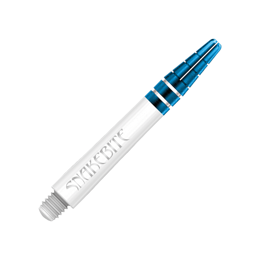 C802_Red_Dragon_Nitrotech_Peter_Wright_White_Blue_Shafts_39mm_2 Das Bild zeigt einen Red Dragon Nitrotech Peter Wright Blue Shaft mit einer Länge von 39 mm. Der Schaft ist weiß mit blauen Metallringen und trägt die Aufschrift "SNAKEBITE".