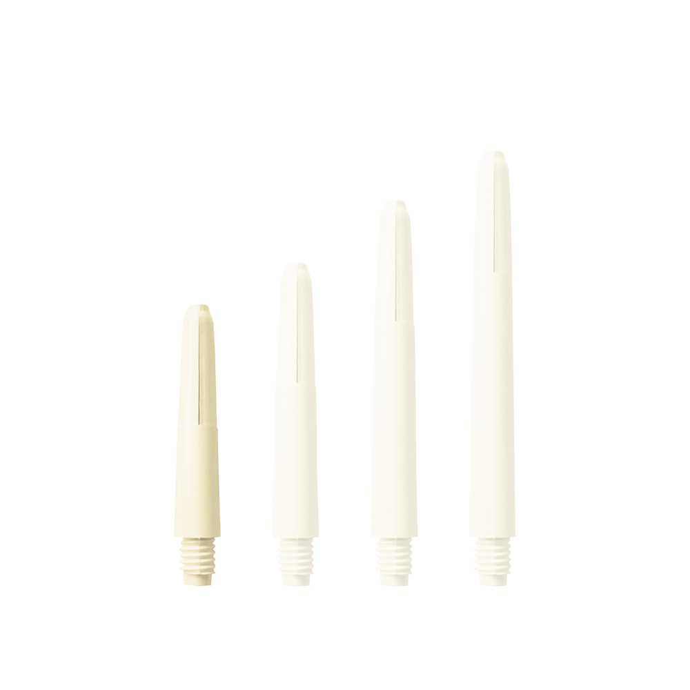 Das Bild zeigt vier Nylon Shafts in Naturweiß, die in unterschiedlichen Längen angeordnet sind. Sie haben ein Gewinde am unteren Ende.
