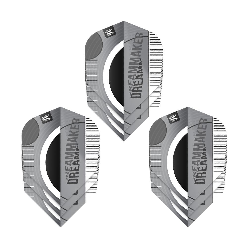 Target Pro Ultra Dimitri Van Den Bergh X Echo No6 Flights - 3 Sets Das Bild zeigt drei Sets von Target Pro Ultra Dimitri Van Den Bergh X Echo No6 Flights. Die Flights sind grau-schwarz gestaltet und tragen den Schriftzug "DREAMMAKER".