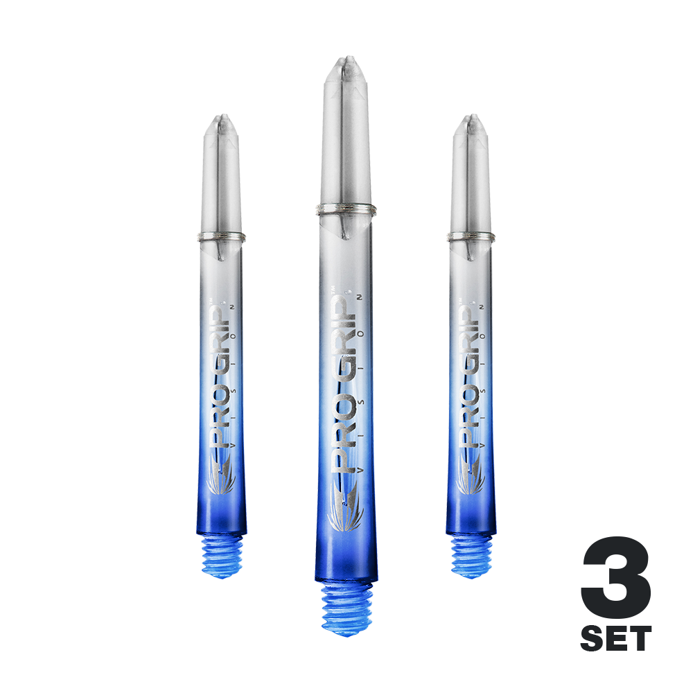 Target Pro Grip Vision Shafts - 3 Sets - Blue Das Bild zeigt drei blaue "Pro Grip Vision" Shafts für Darts. In der rechten unteren Ecke steht "3 Set".