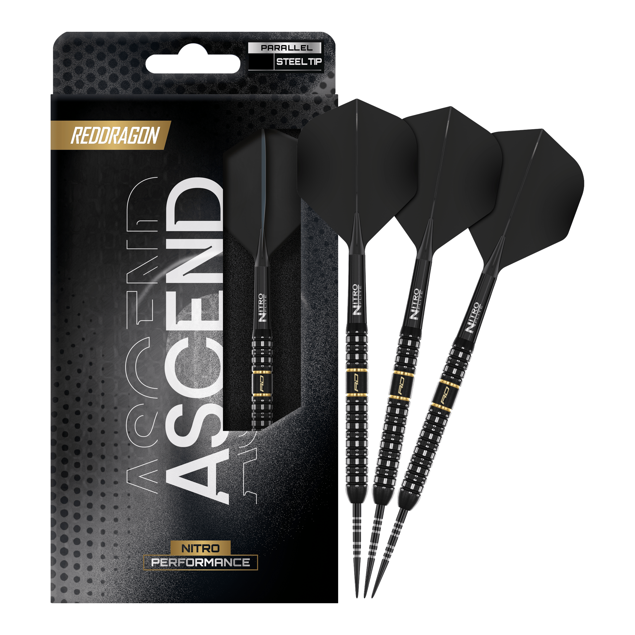 Red Dragon Ascend Parallel Steeldarts Das Foto zeigt die vollständigen Red Dragon Ascend Parallel Steeldarts. Die Darts sind komplett und einsatzbereit dargestellt.