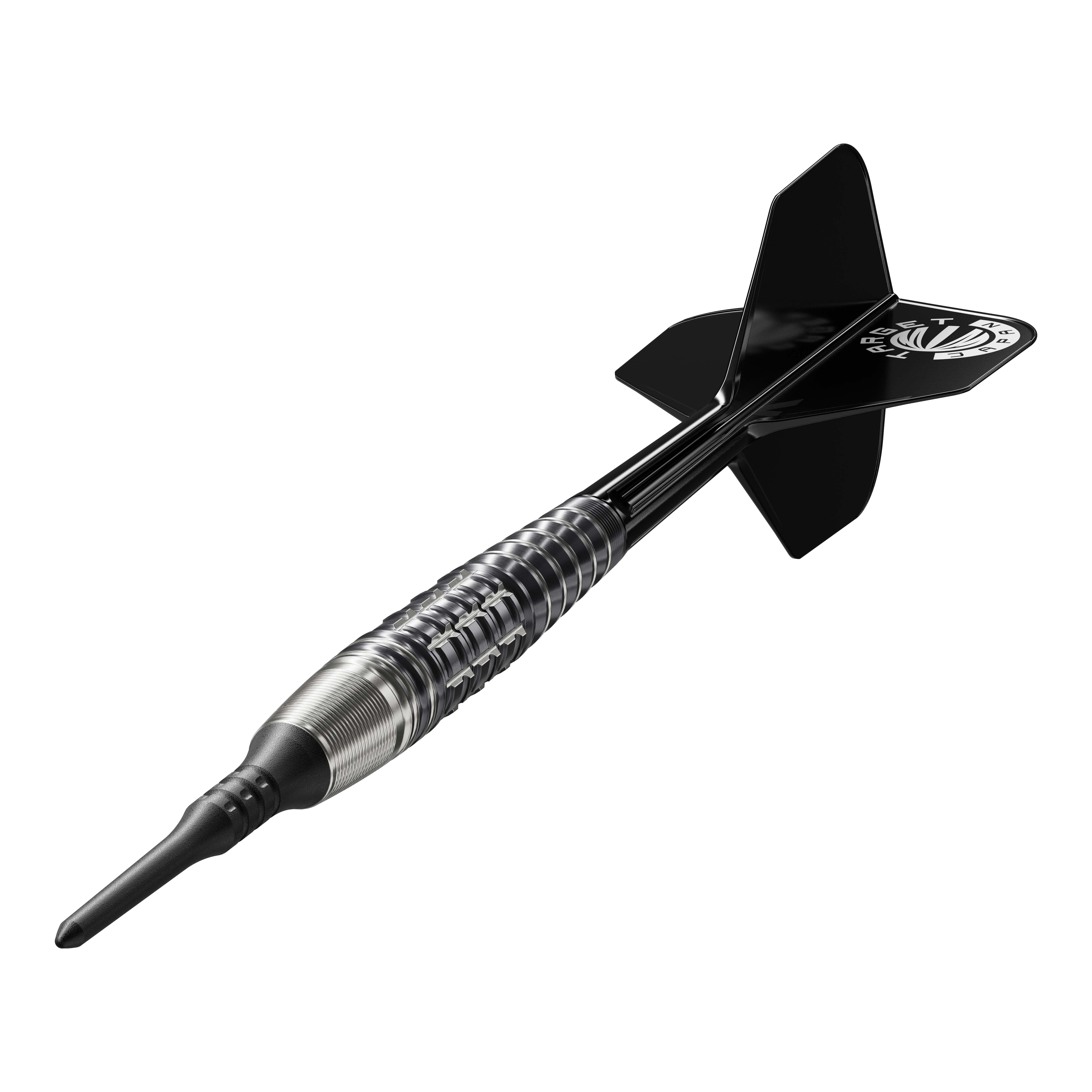 Das Bild zeigt einen Softdart aus der Serie "Target Japan Prime Series Harold Ching GEN1 Zenith MAX" mit einem Gewicht von 21g. Der Dart hat ein schwarz-silbernes Design mit schwarzen Flights.