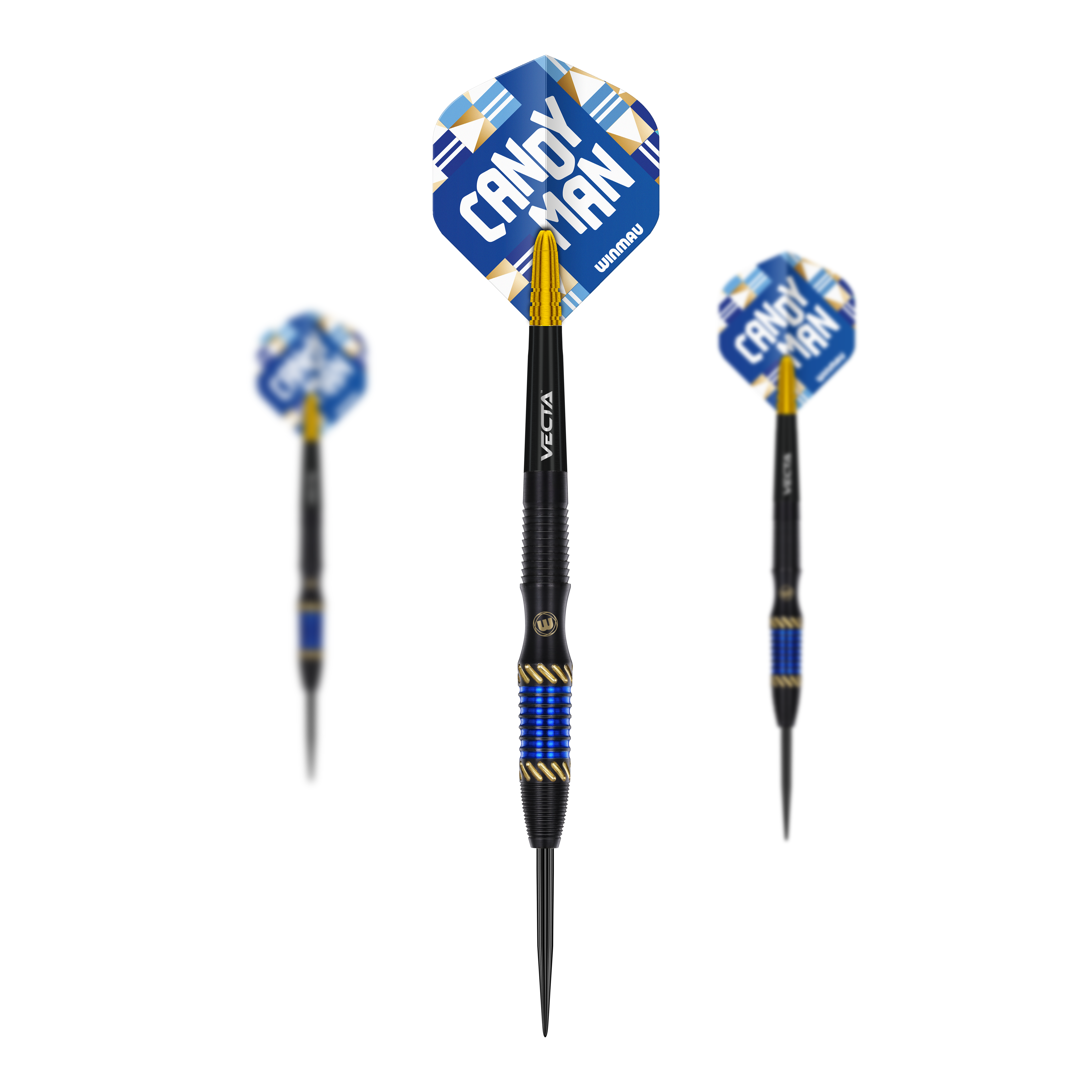 Das Bild zeigt drei Steeldarts des Modells "Winmau Rashad Sweeting - 24g". Die Flights sind blau mit der Aufschrift "CANDY MAN" und die Darts haben gold-blaue Akzente.