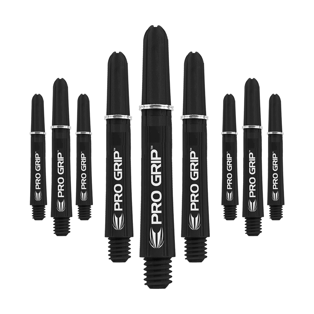 Das Bild zeigt neun schwarze Pro Grip Shafts für Dartpfeile in drei unterschiedlichen Längen. Die Shafts sind mit dem weißen Schriftzug "PRO GRIP" und einem Blatt-Symbol bedruckt.