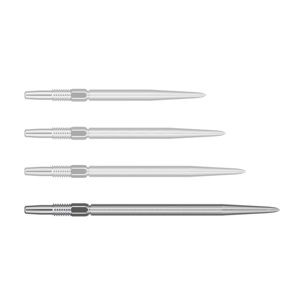 Target Swiss Point Nano Dart Tips - Silver Auf dem Bild sind vier silberne Dartspitzen in einer Reihe zu sehen. Sie sind spitz zulaufend und haben eine feine Riffelung am oberen Ende.