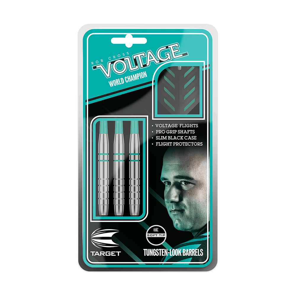 Das Bild zeigt die Verpackung der "Target Rob Cross Silver Voltage Softdarts - 18g". In der Verpackung sind drei silberne Softdarts mit Zubehör wie Flights und Schäften zu sehen.