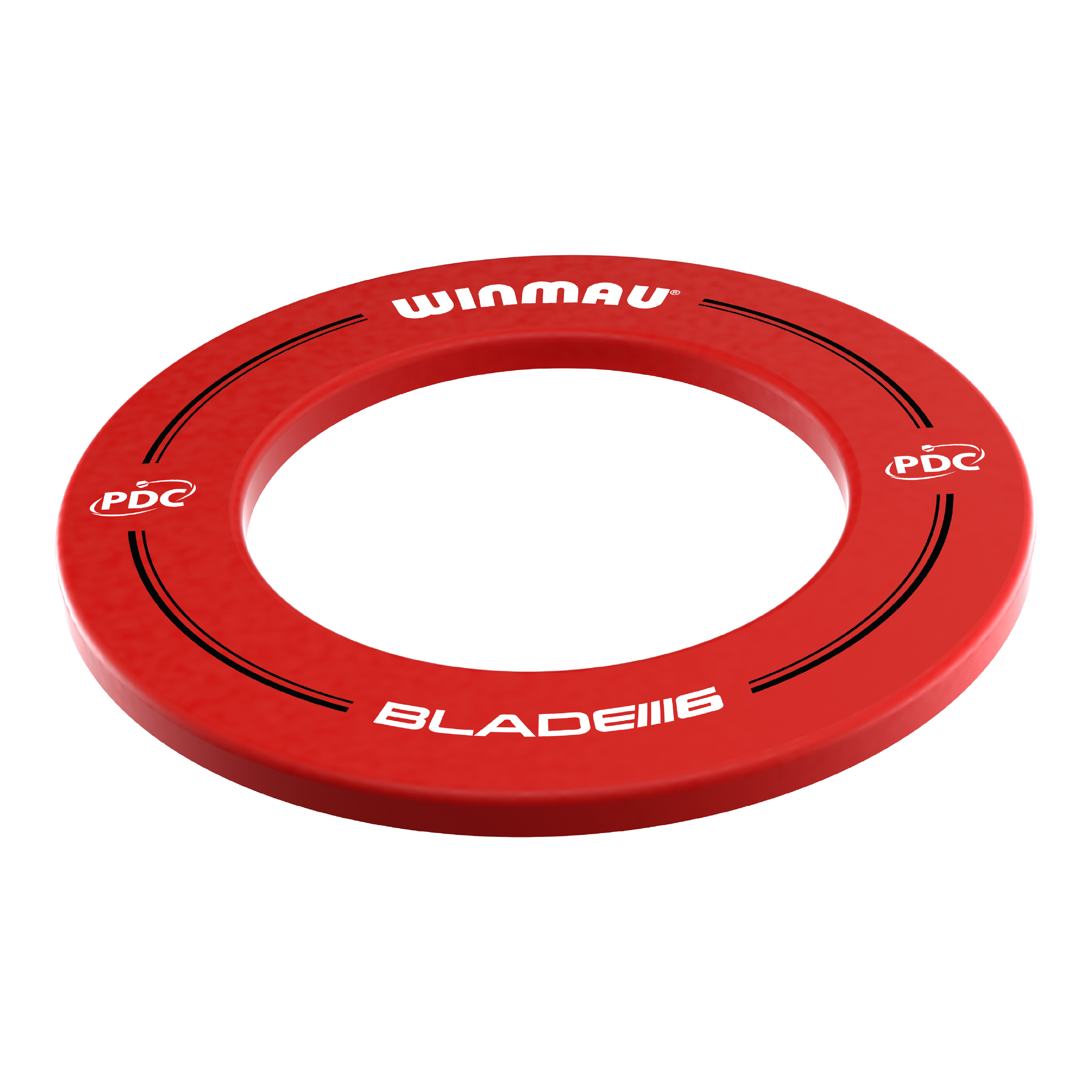 Winmau PDC Dartboard Surround - Red Das Bild zeigt einen roten Dartboard-Surround der Marke Winmau. Auf dem Surround stehen die Aufschriften „WINMAU“, „PDC“ und „BLADE 6“.