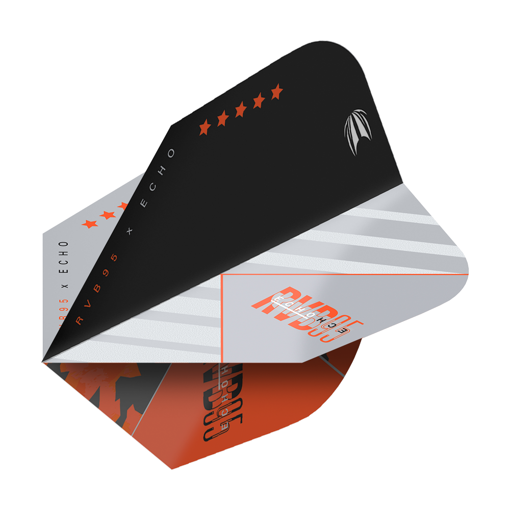 Das Bild zeigt das Produkt "Target Pro Ultra RvB95 X Echo Ten-X Flights". Die Dart-Flights sind in Schwarz, Weiß und Orange gestaltet und tragen verschiedene grafische Elemente und Schriftzüge.