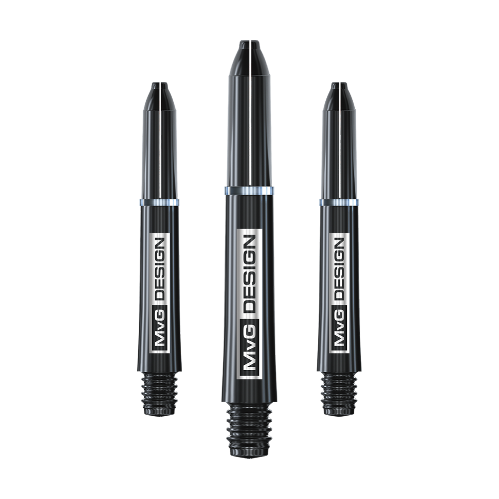 7100_Winmau_MvG_Signature_Black_Nylon_Shafts_35mm_1Yp7OZWZ96oxA5 Das Bild zeigt drei schwarze Dartschäfte mit der Aufschrift „MvG DESIGN“. Es handelt sich um die Winmau Nylon Ring Grip MvG Design Black Shafts.