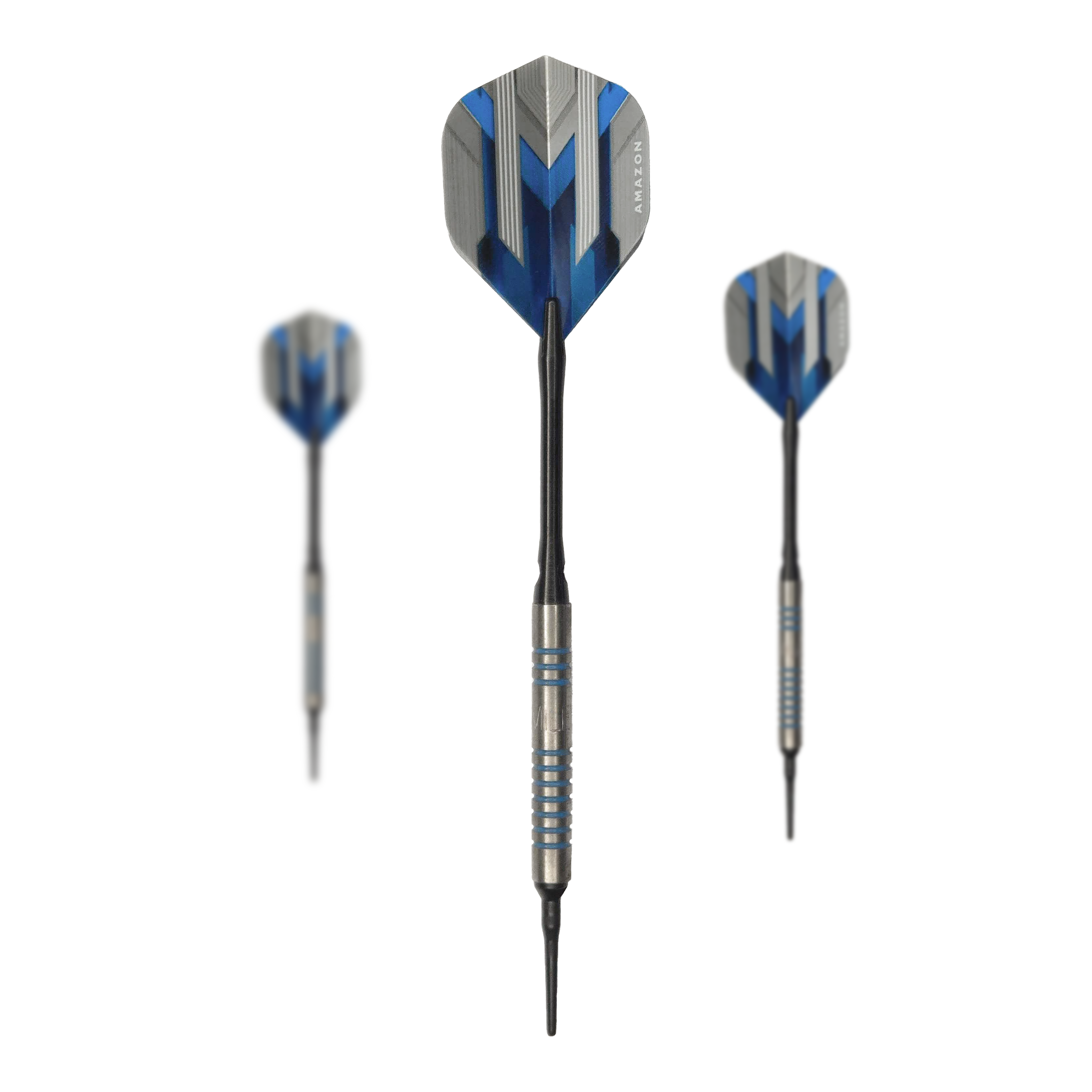 McDart 85 Tungsten V1 soft darts - 17g Das Bild zeigt drei Softdarts des Modells „McDart 85er Tungsten V1 Softdarts - 17g“. Die Darts haben blaue und silberne Akzente sowie schwarze Spitzen und Flügel.