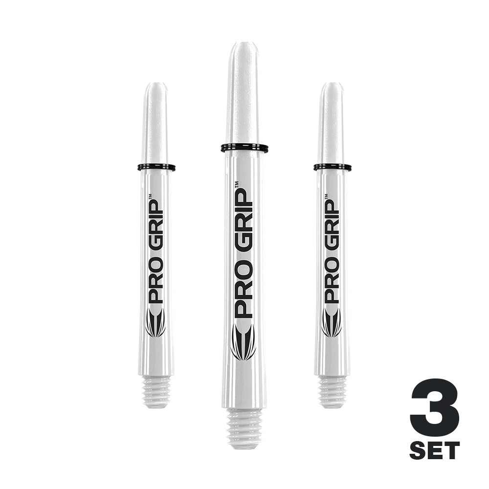 Target Pro Grip Shafts - 3 Sets - White Das Bild zeigt drei weiße Pro Grip Shafts für Darts. Unten rechts steht "3 SET", was auf ein Set mit drei Stück hinweist.