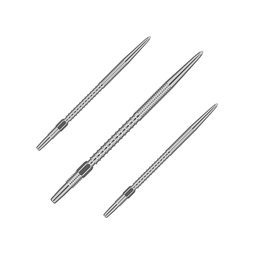 Target Swiss Firepoint Silver dart tips Auf dem Bild sind drei silberne Dartspitzen abgebildet. Sie liegen parallel zueinander auf einem transparenten Hintergrund.