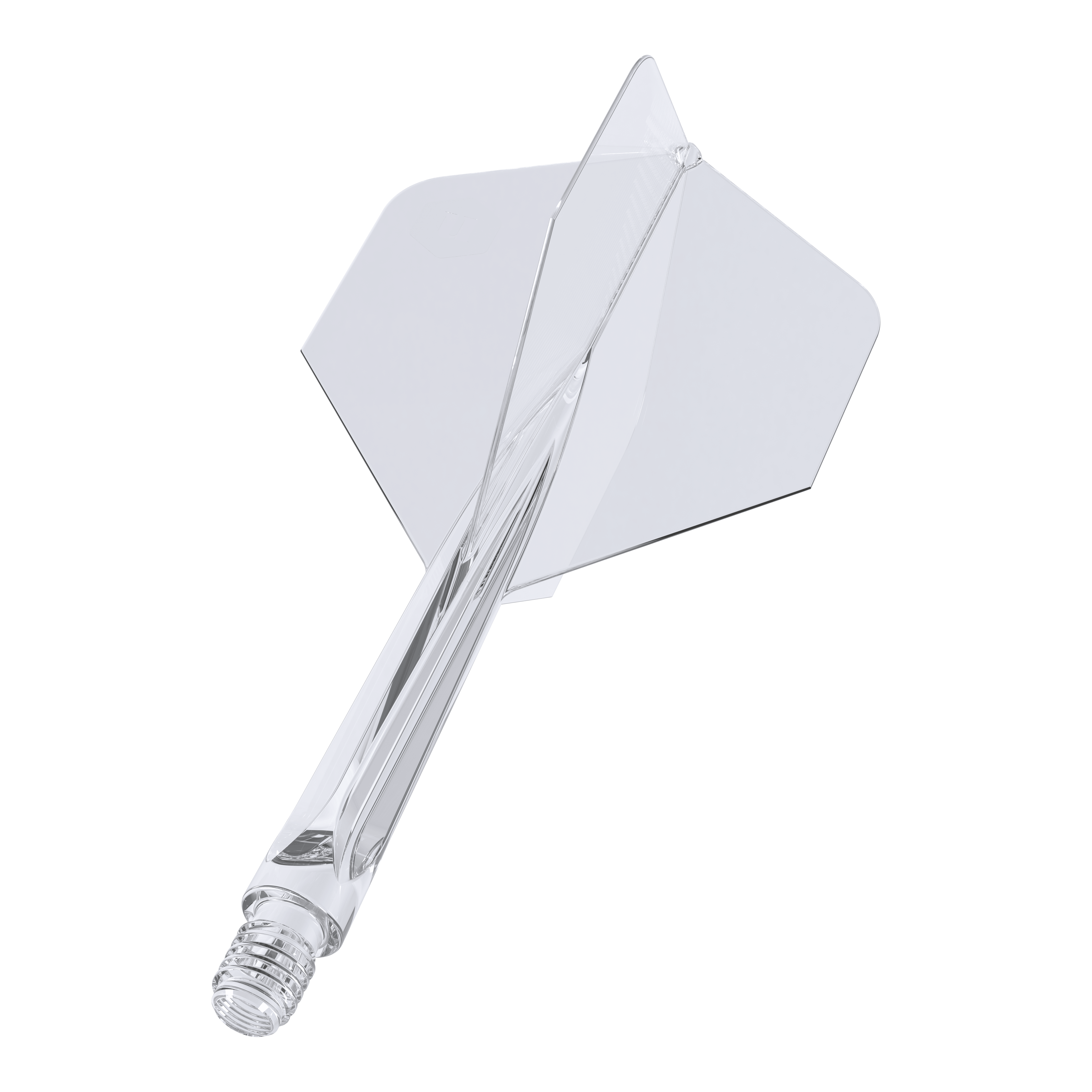 Unicorn Forge All In One Plus No2 Standard Flights Clear - Medium Das Bild zeigt einen klaren, mittelgroßen Dartaufsatz des Modells "Unicorn Forge All In One Plus No2 Standard Flights". Die Flight- und Schaftteile sind transparent und bilden ein einteiliges Design.