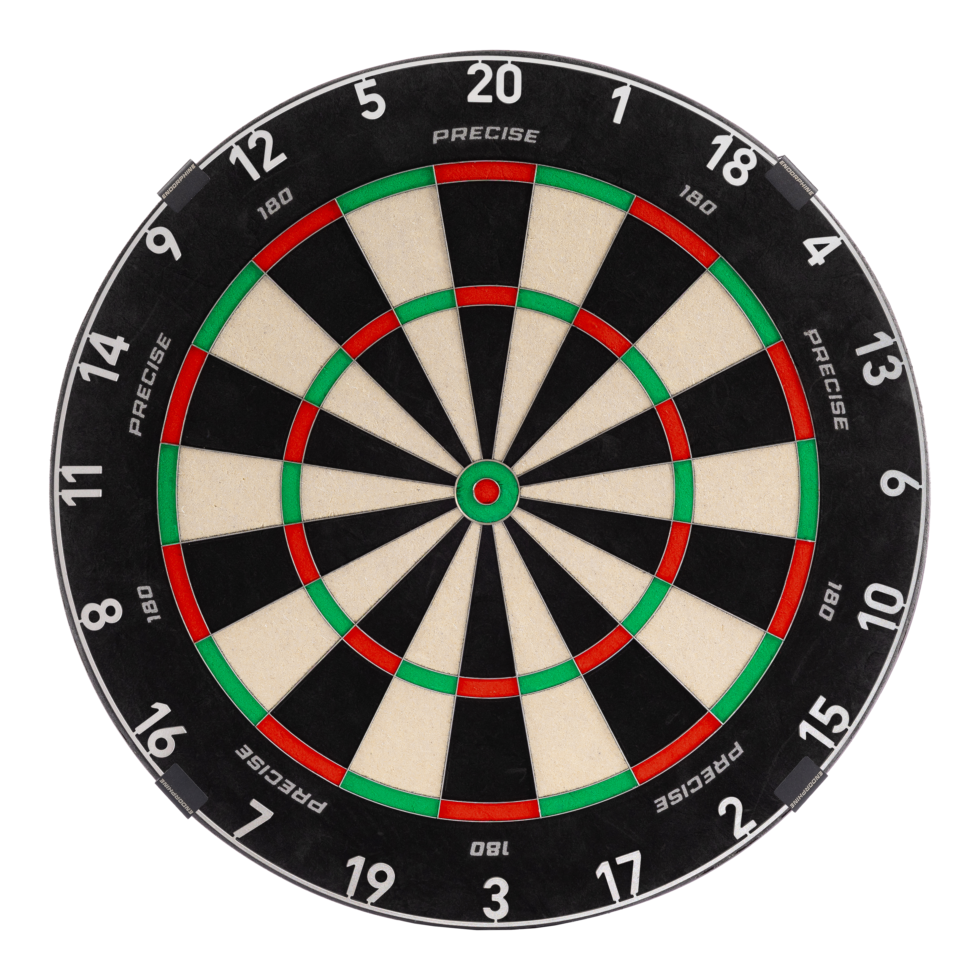 Das Bild zeigt das Precise 180 Endorphine Steeldartboard mit Nummernring in Gunmetal. Es handelt sich um eine moderne Dartscheibe für Präzisionswürfe.
