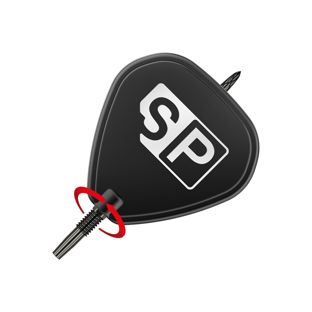 Target Swiss DS Surge Point dart tips - Black Das Bild zeigt eine schwarze Dartspitze mit der Aufschrift „SP“. Ein roter Pfeil deutet auf das Gewinde hin und zeigt, dass die Spitze eingeschraubt werden kann.