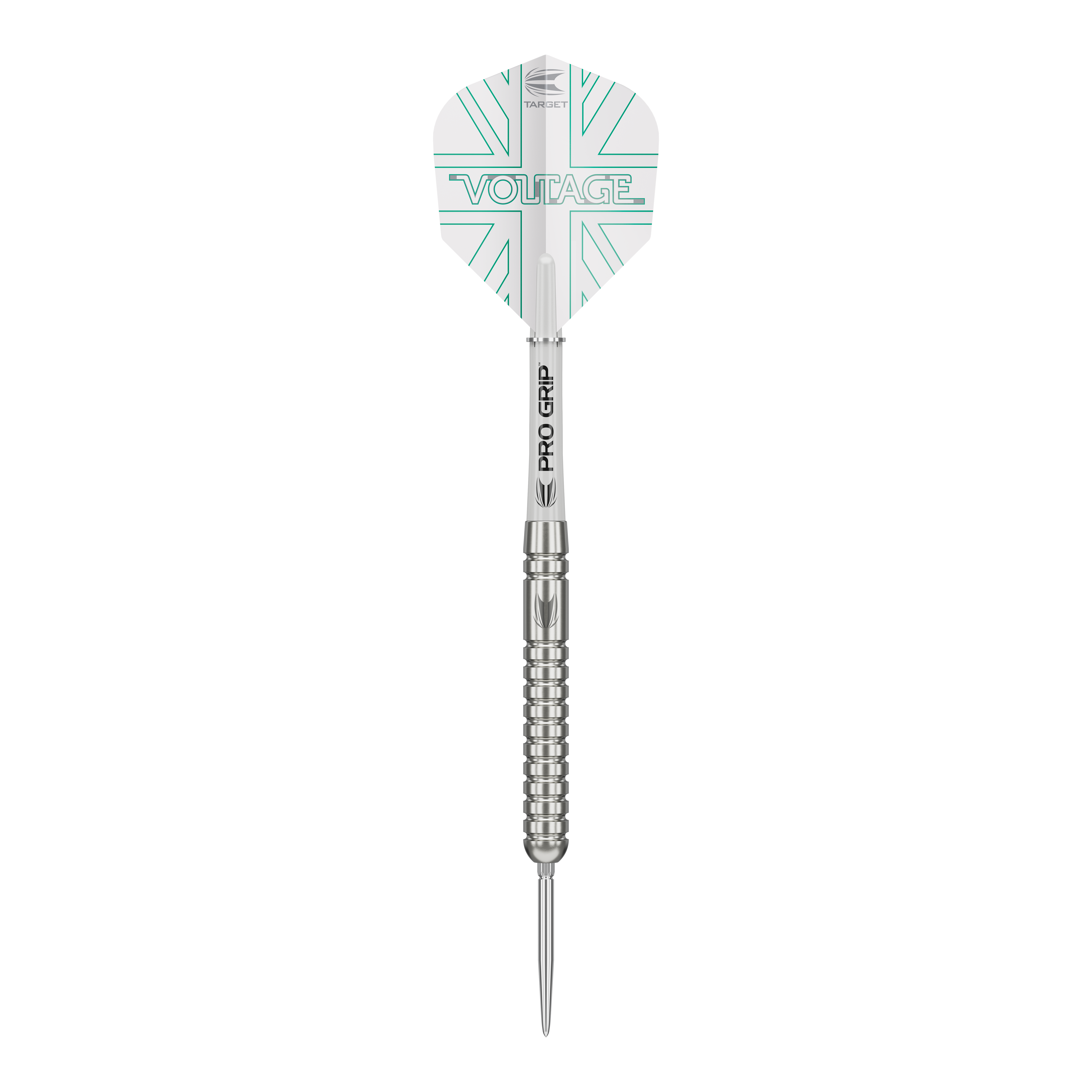 Target Rob Cross Voltage Swiss Point Steel Darts Das Bild zeigt einen Target Rob Cross Voltage Swiss Point Steeldart. Der Dart hat ein silbernes Design mit dem Schriftzug „VOLTAGE“ auf den Flights.