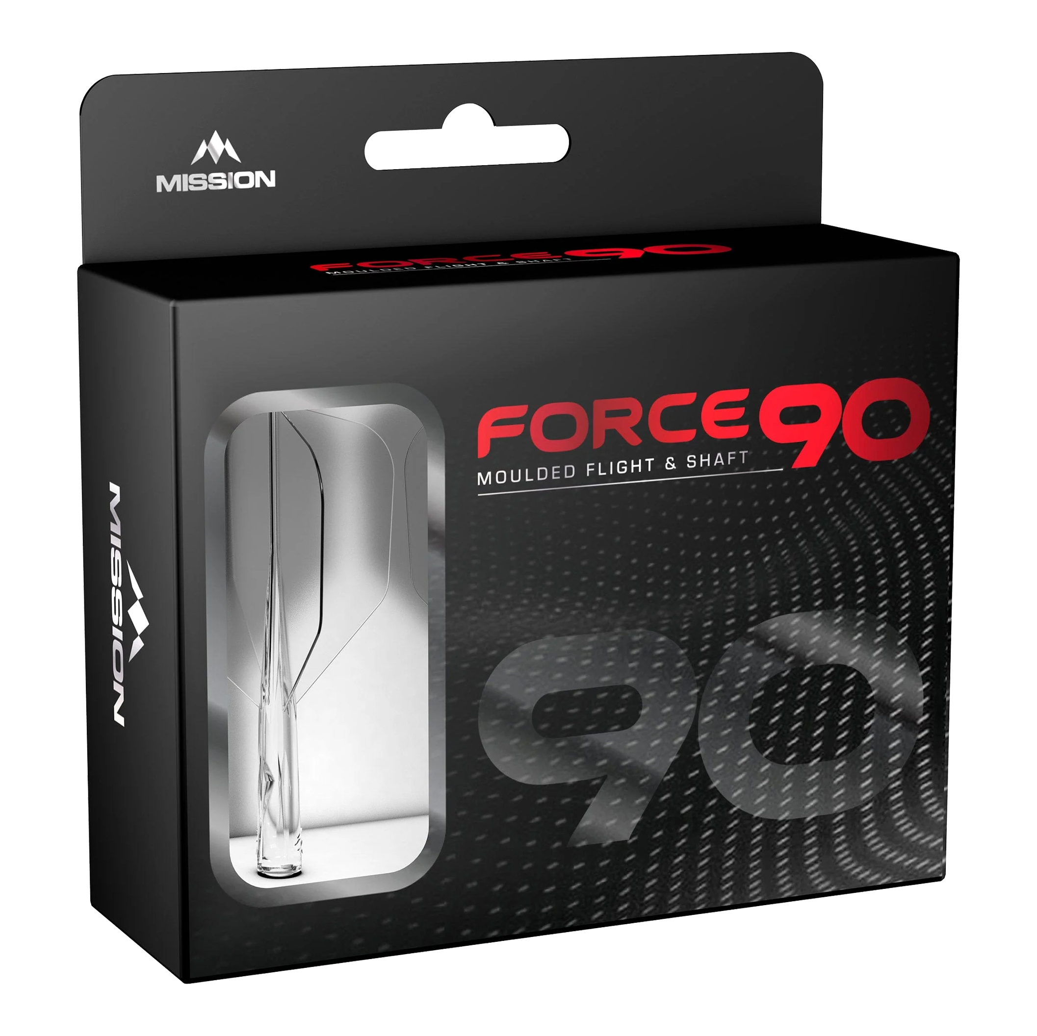 Mission Force 90 No6 Flight Shaft System - Clear Die Abbildung zeigt die Verpackung des Produkts „Mission Force 90 No6 Flight-Shaft-System - Clear“. In der schwarzen Box mit Sichtfenster ist das transparente Flight-Shaft-System zu erkennen.