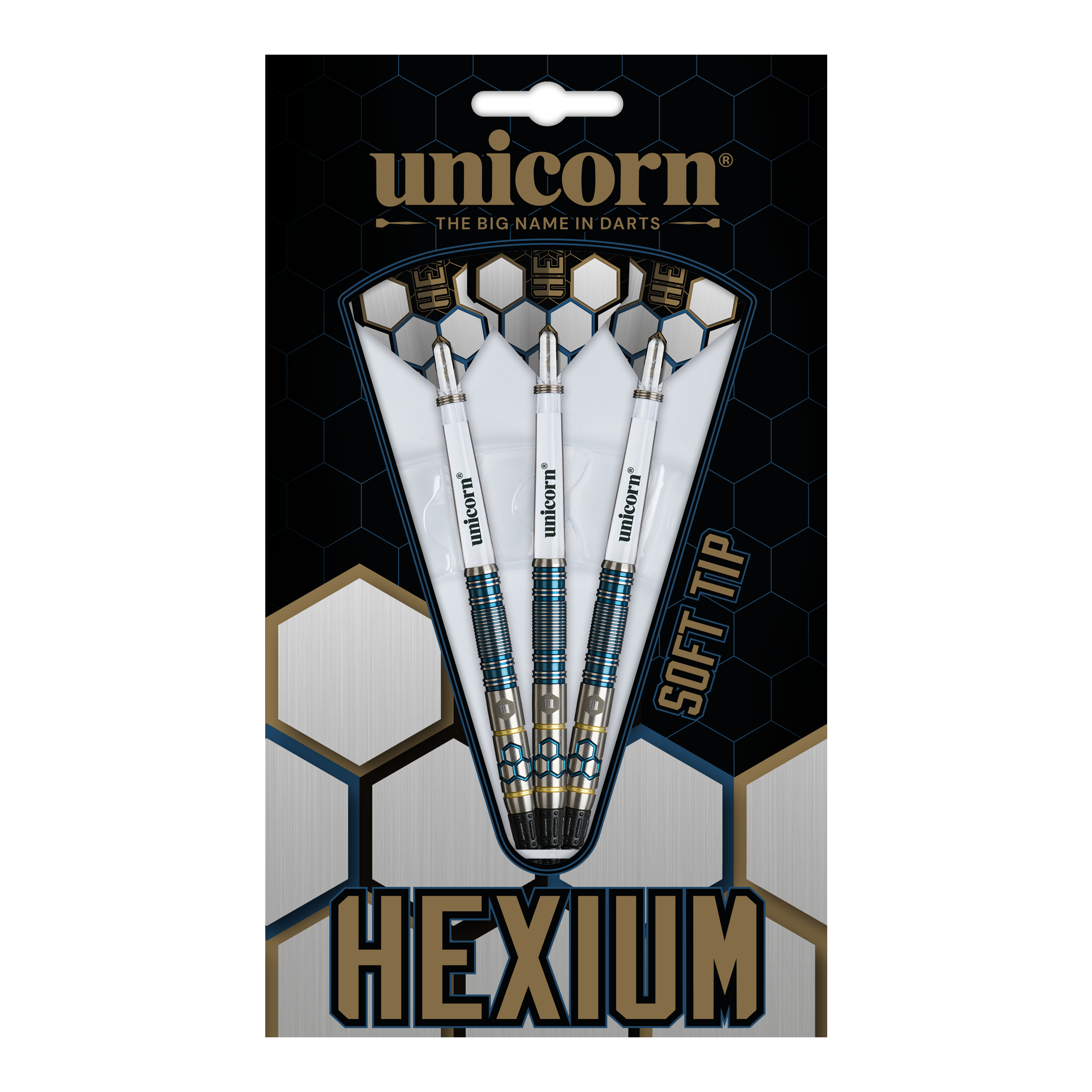 Unicorn Hexium Style 02 Blue & Gold Softdarts - 21g besticht durch sein modernes Design. Die stilvollen Softdarts sind ideal für Dartbegeisterte.