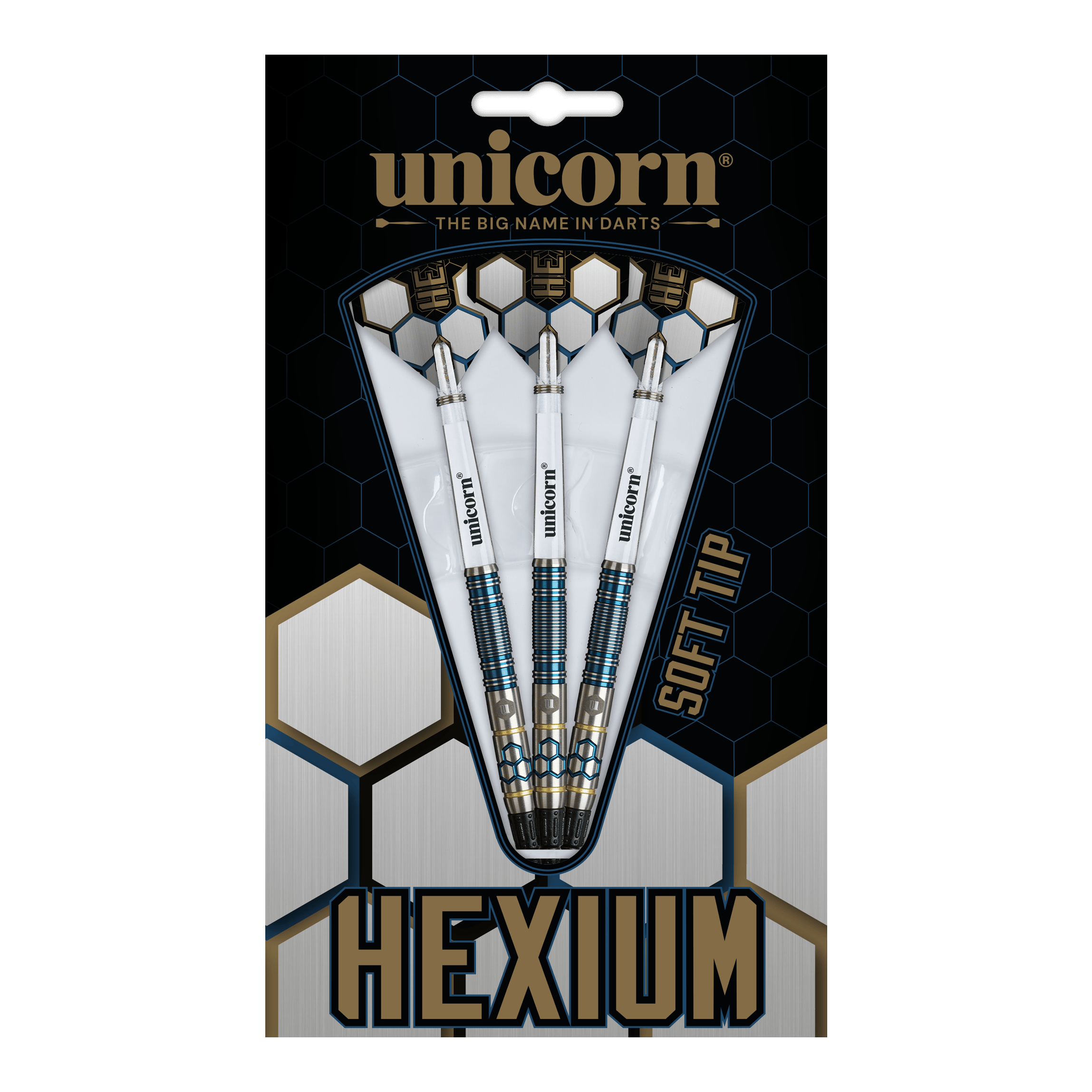 Unicorn Hexium Style 02 Blue & Gold Soft Darts - 21g Unicorn Hexium Style 02 Blue & Gold Softdarts - 21g besticht durch sein modernes Design. Die stilvollen Softdarts sind ideal für Dartbegeisterte.