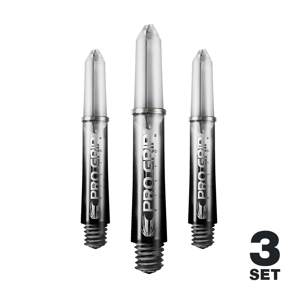 Target Pro Grip Vision Shafts - 3 Sets - Black Das Bild zeigt drei schwarze Pro Grip Vision Shafts für Darts. Unten rechts steht "3 Set", was auf ein Set mit drei Stück hinweist.