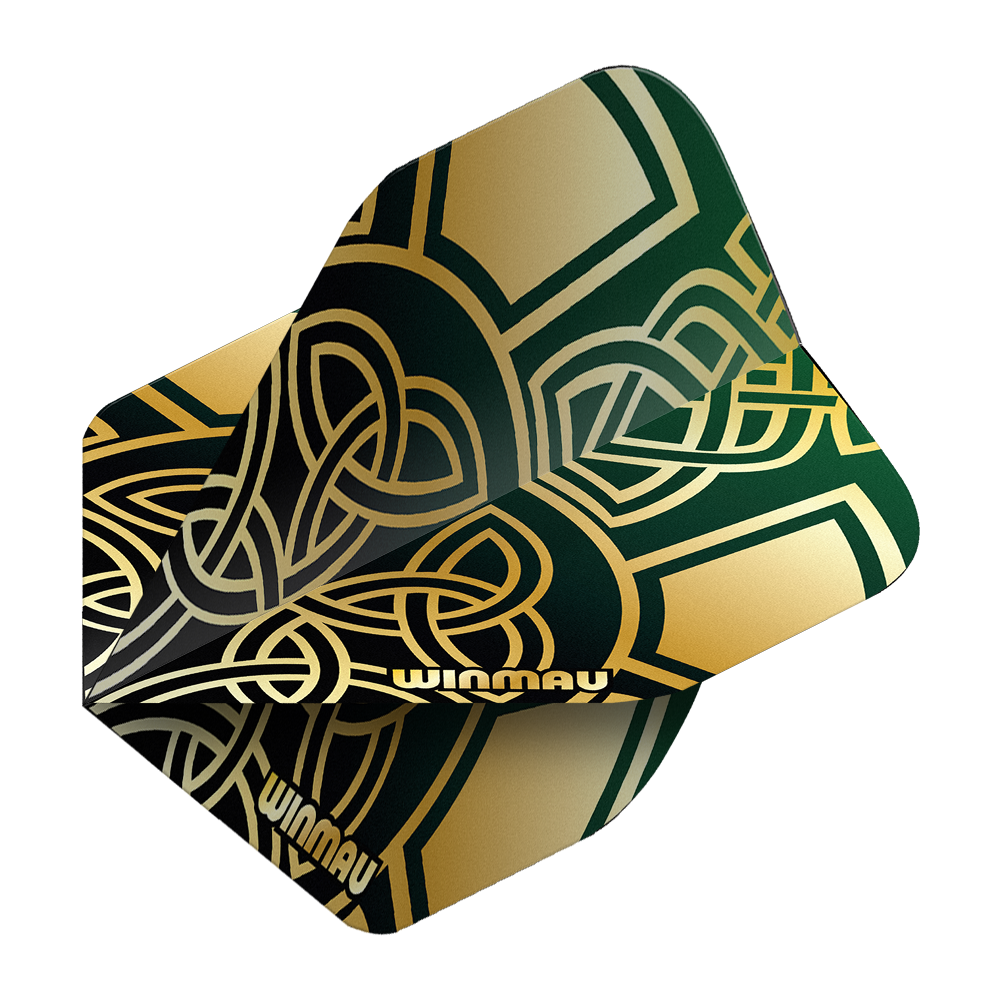 Gezeigt werden die Winmau Prism Delta Brendan Dolan Celtic Knot Black Gold No2 Standard Flights. Die Flights sind für Darts mit einem auffälligen keltischen Design gestaltet.