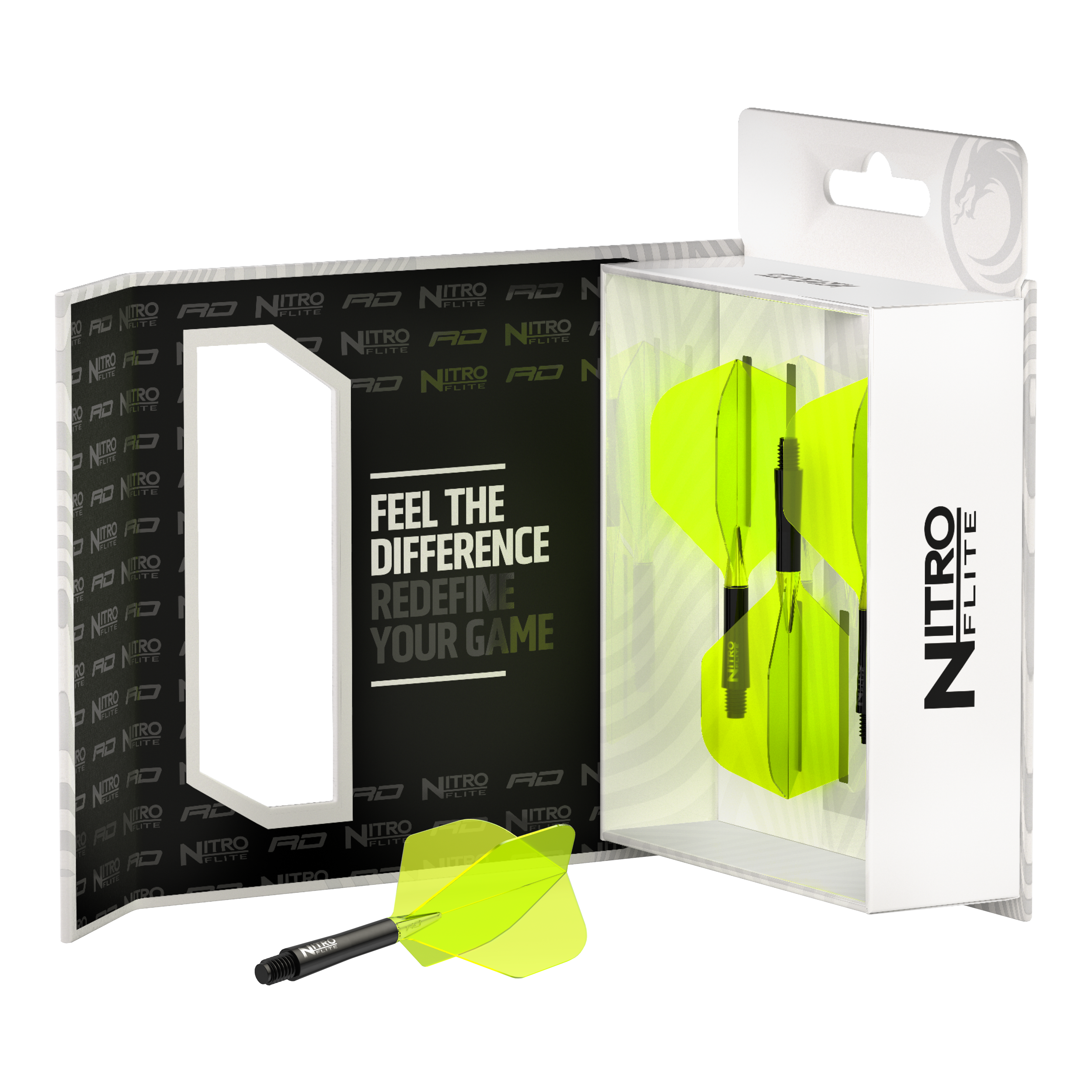Red Dragon Nitroflite - Black Shaft Yellow No2 Flights Das Bild zeigt das Produkt "Red Dragon Nitroflite - Black Shaft Yellow No2 Flights" in seiner Verpackung. Die Dartflights sind gelb und haben schwarze Schäfte.