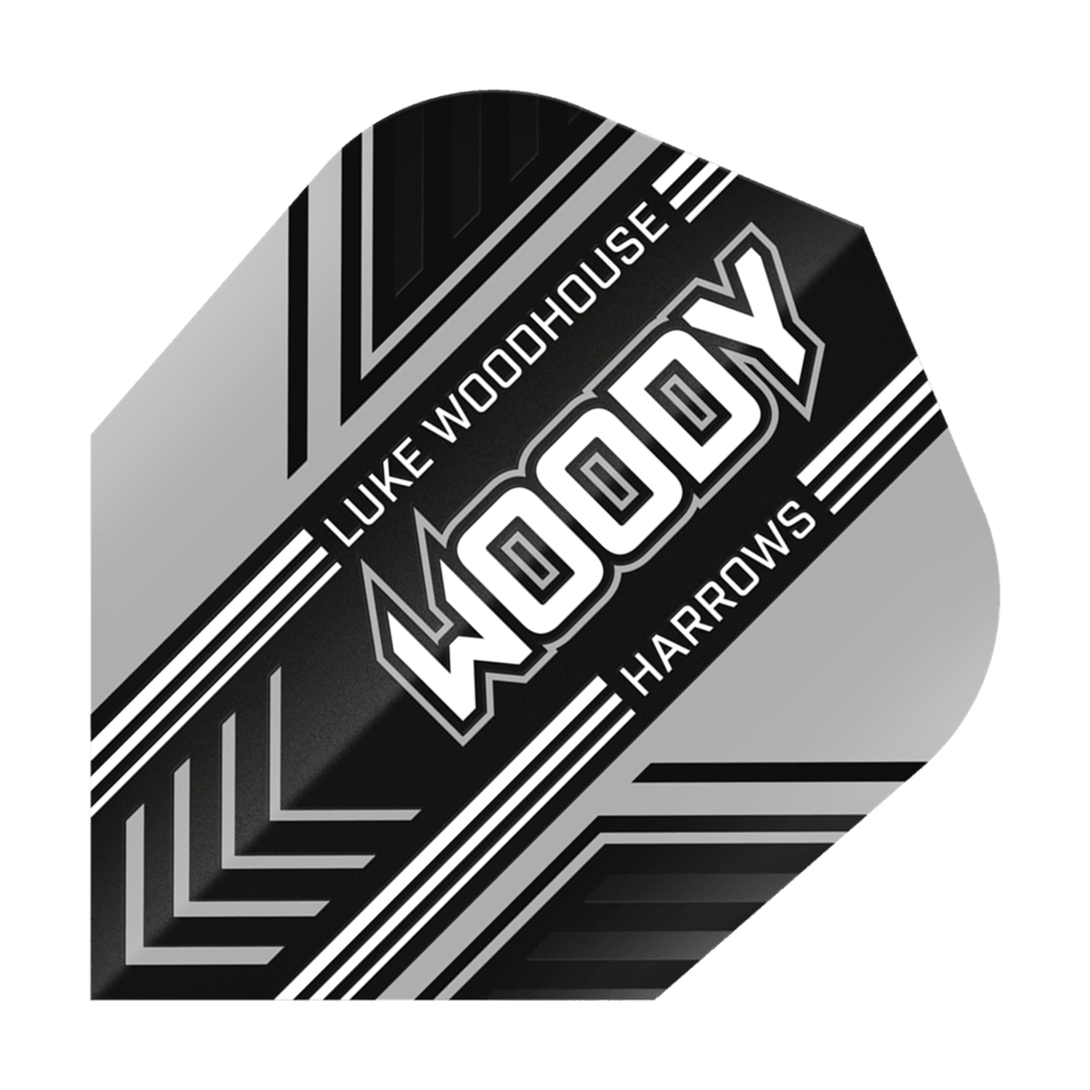 Harrows Prime Luke Woodhouse Woody No6 Flights Das Bild zeigt ein Dartflight mit dem Namen "Harrows Prime Luke Woodhouse Woody No6". Das Design ist schwarz, weiß und silber mit dem Schriftzug "WOODY" in der Mitte.