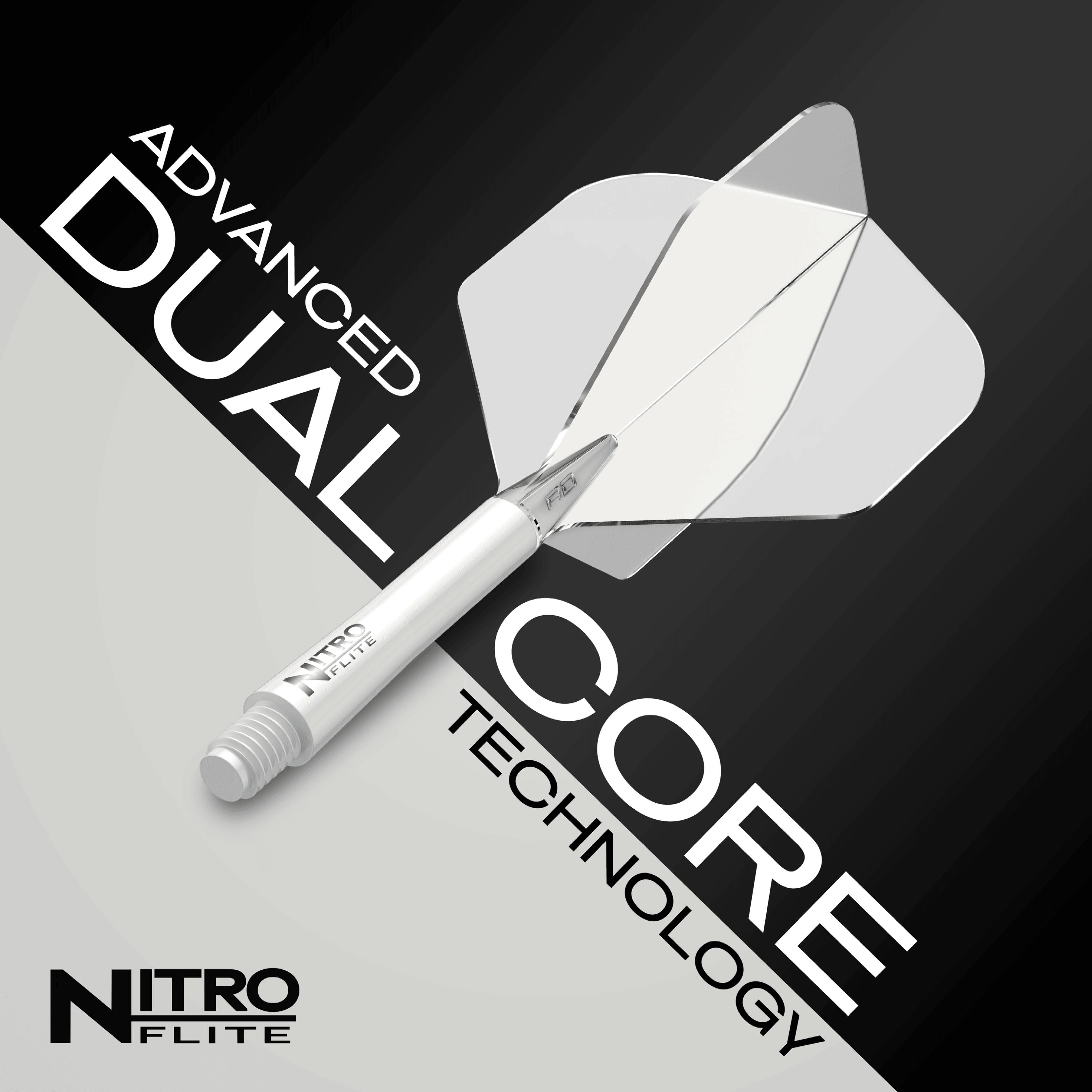 Red Dragon Nitroflite - White Shaft Clear No2 Flights Das Bild zeigt das Produkt "Red Dragon Nitroflite - White Shaft Clear No2 Flights". Auf dem Bild sind die Begriffe "Advanced Dual Core Technology" sowie das Produkt selbst gut sichtbar.