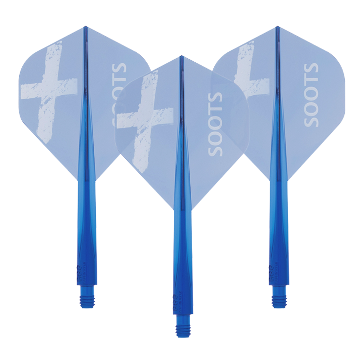 Condor AXE Soots Flight-System - Standard Das Bild zeigt drei blaue Dart-Flights des Produkts "Condor AXE Soots Flight-System - Standard". Auf jedem Flight steht das Wort "SOOTS" und ein weißes Kreuz ist abgebildet.