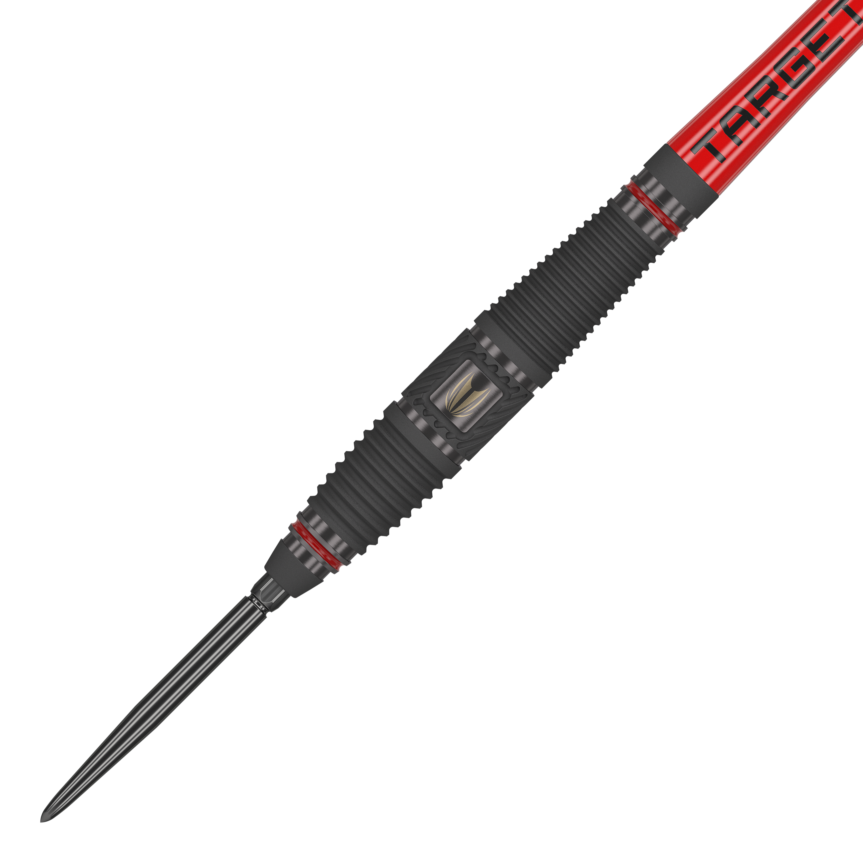 Target Scope 03 Swiss Point steel darts Das Bild zeigt ein Target Scope 03 Swiss Point Steeldart mit schwarzem und rotem Design. Die Oberfläche des Darts ist geriffelt und hat Metallakzente für besseren Halt.