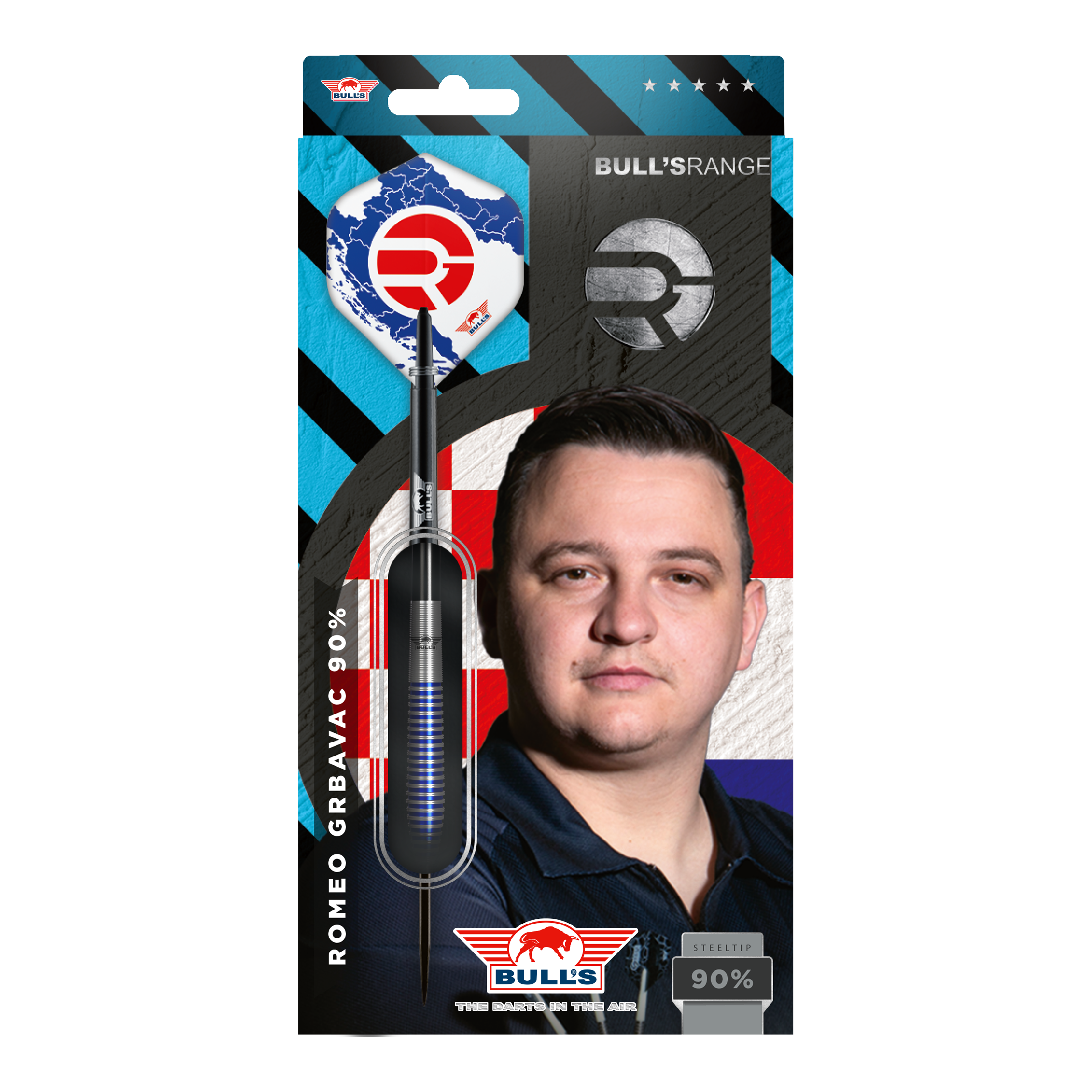 Bulls NL Romeo Grbavac steel darts - 23g Das Bild zeigt die Verpackung der "Bulls NL Romeo Grbavac Steeldarts - 23g". Auf der Verpackung ist ein Dartpfeil sowie ein Porträt von Romeo Grbavac zu sehen.