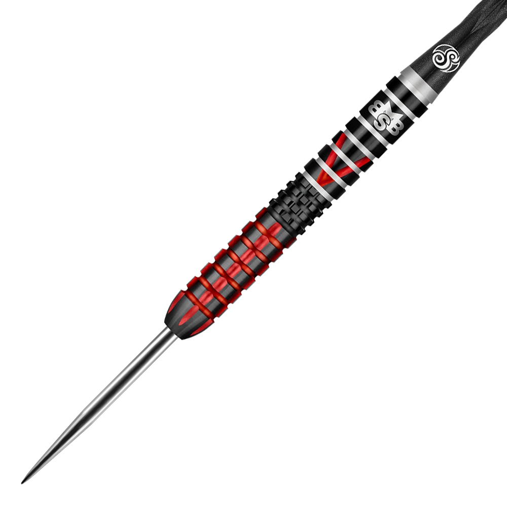 Shot Michael Smith Defiant Steeldarts Der abgebildete Dartpfeil hat ein modernes, schwarzes und rotes Design mit silbernen Akzenten. Er besitzt eine feine Metallspitze und einen strukturierten Griffbereich.