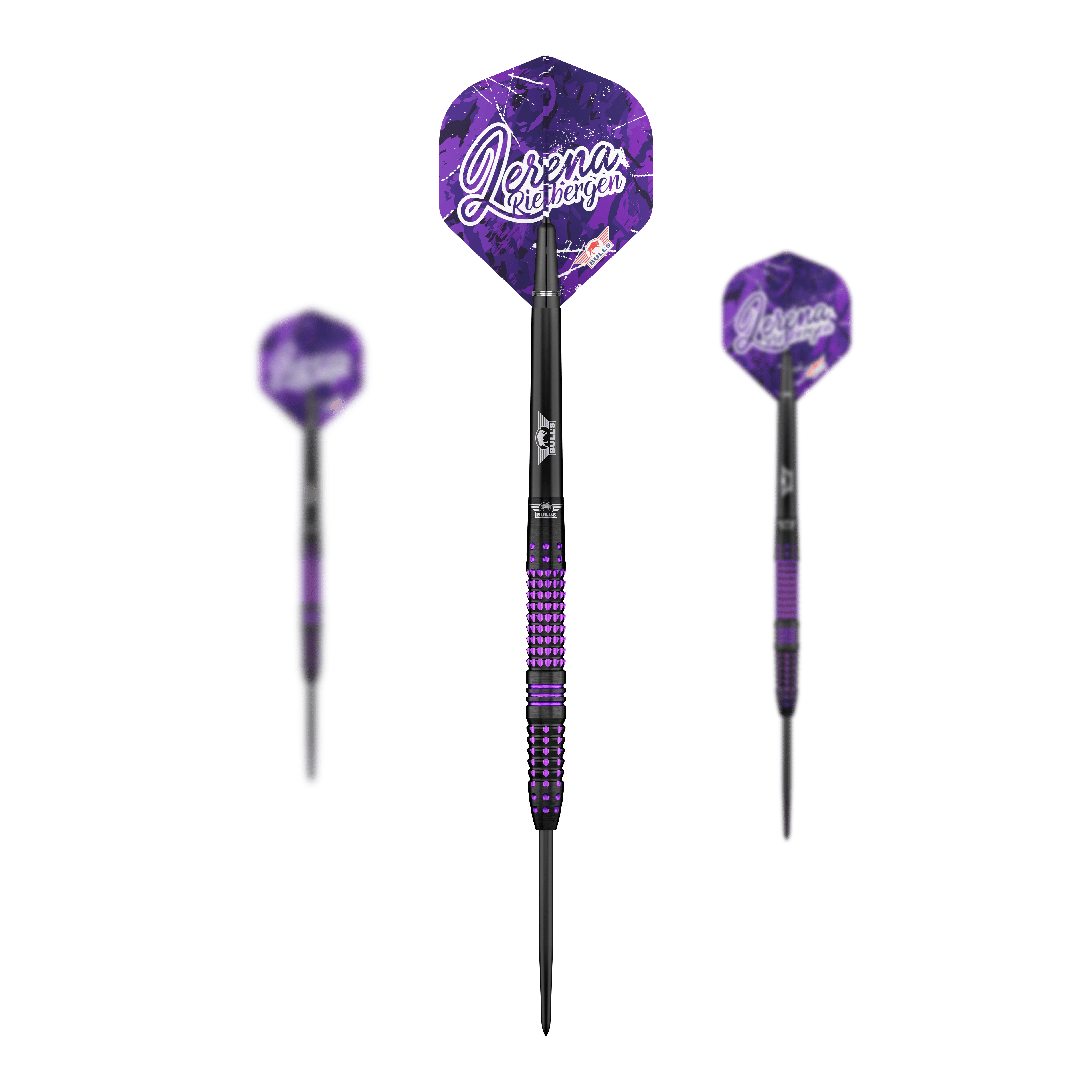 Bulls NL Lerena Rietbergen steel darts - 24g Auf dem Bild sieht man das Set der Bulls NL Lerena Rietbergen Steeldarts - 24g. Die Steeldarts werden vollständig präsentiert.