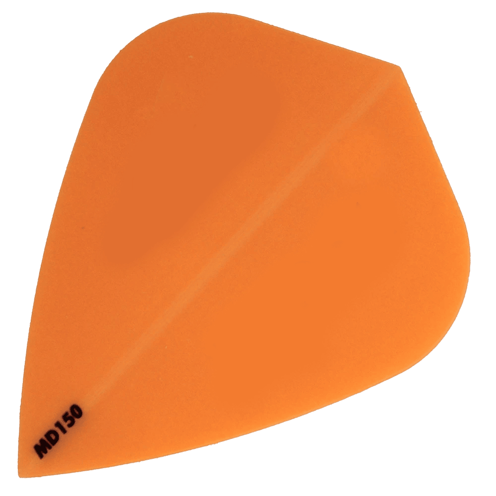 MD150-Kite-Orange Das Bild zeigt das Produkt "McDart MD150 - Kite Flight", eine orangene Dart-Flugfeder. In der unteren linken Ecke steht die Bezeichnung "MD150".