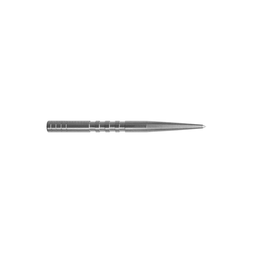 Condor Beak Point With Cut dart tips Auf dem Bild ist eine silberne Dartspitze mit mehreren kleinen Einkerbungen zu sehen. Sie ist lang, schmal und läuft spitz zu.