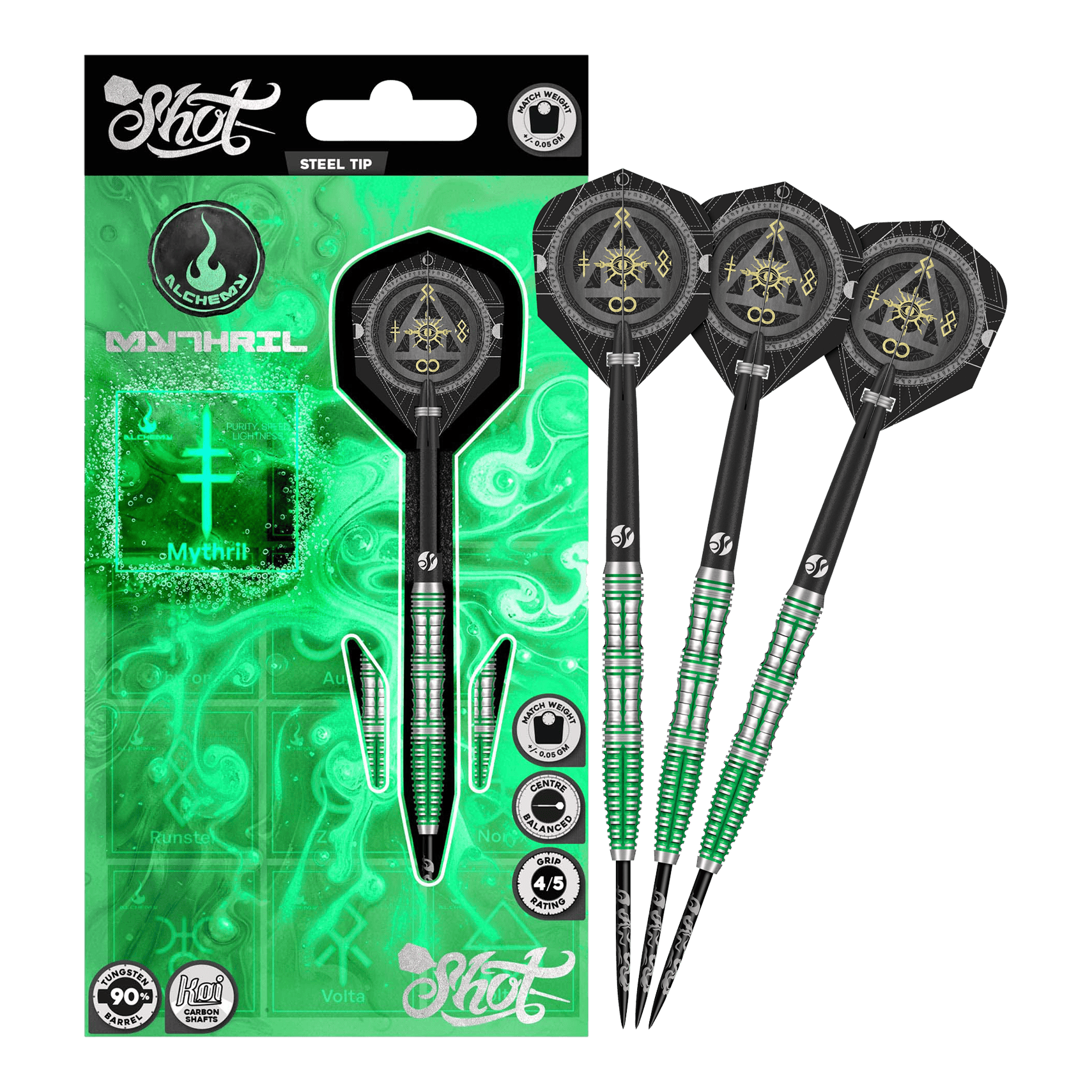 Shot Alchemy Mythril steel darts Auf dem Bild sind die Shot Alchemy Mythril Steeldarts komplett zu sehen. Sie überzeugen durch ihre edle Optik.