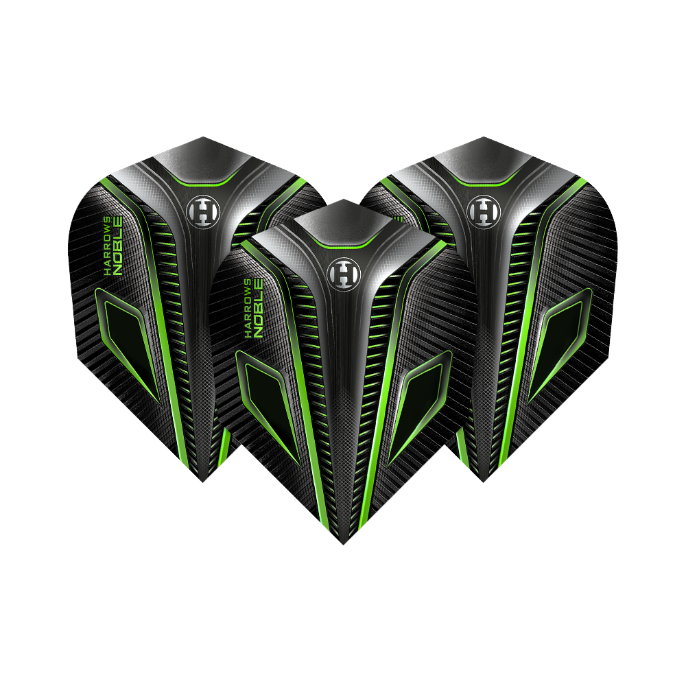 HR8_Harrows_Noble_Green_Standard_Flights_12dYcfFXmOCseu Das Bild zeigt drei Harrows Noble Green Standard Flights für Dartpfeile. Die Flights sind überwiegend schwarz mit grünen und silbernen Akzenten.