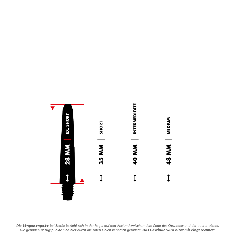 565_Nylon_Shafts_5_28mm Das Bild zeigt verschiedene Längenoptionen der Nylon Shafts - Schwarz, von 28 mm (Ex-Short) bis 48 mm (Medium). Die rote Markierung zeigt, dass die Längenangabe ohne das Gewinde gemessen wird.