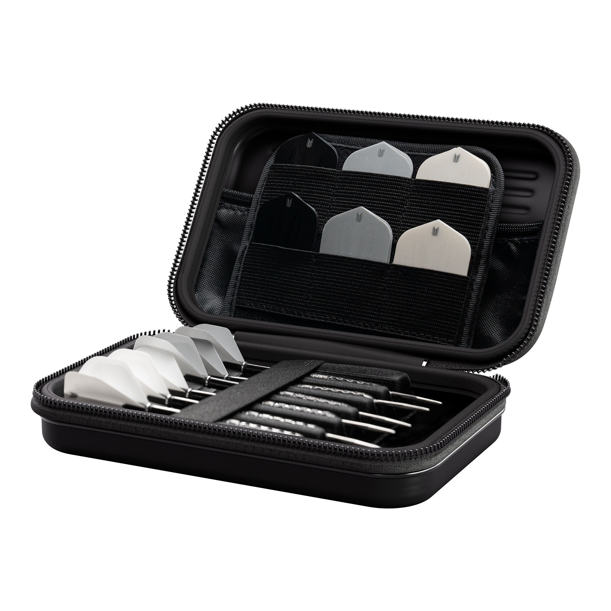 Takoma XL Ghost Series Chris Dobey dart case Das Bild zeigt das Produkt "Target Takoma Bolide XL Dartcase". In dem geöffneten Etui sind mehrere Dartpfeile und Ersatzflights ordentlich verstaut.