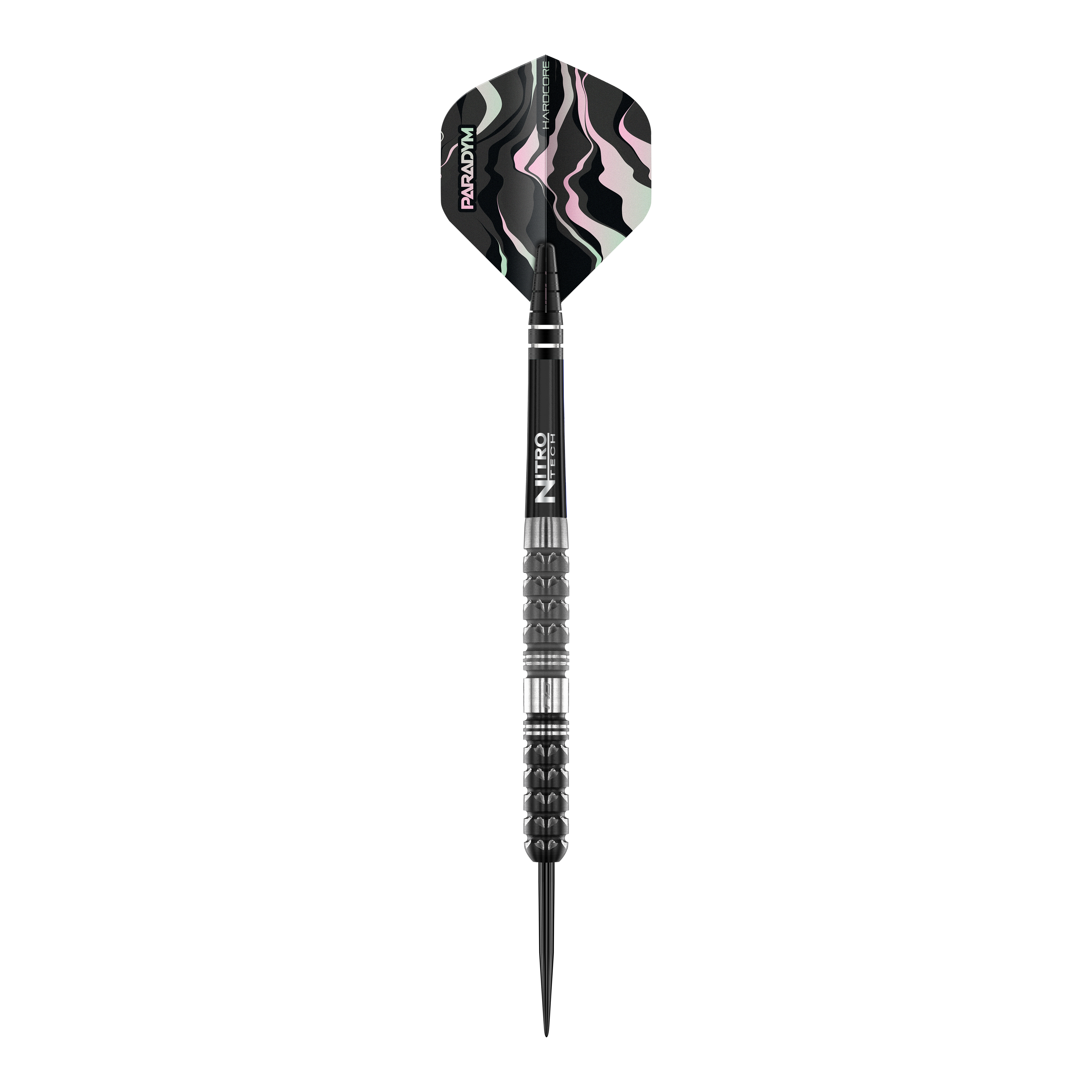 Red Dragon Paradym Tapered Steel Darts Das Bild zeigt einen Red Dragon Paradym Tapered Steeldart. Der Dart hat ein modernes, schwarzes Design mit markant gemusterter Flugfeder.