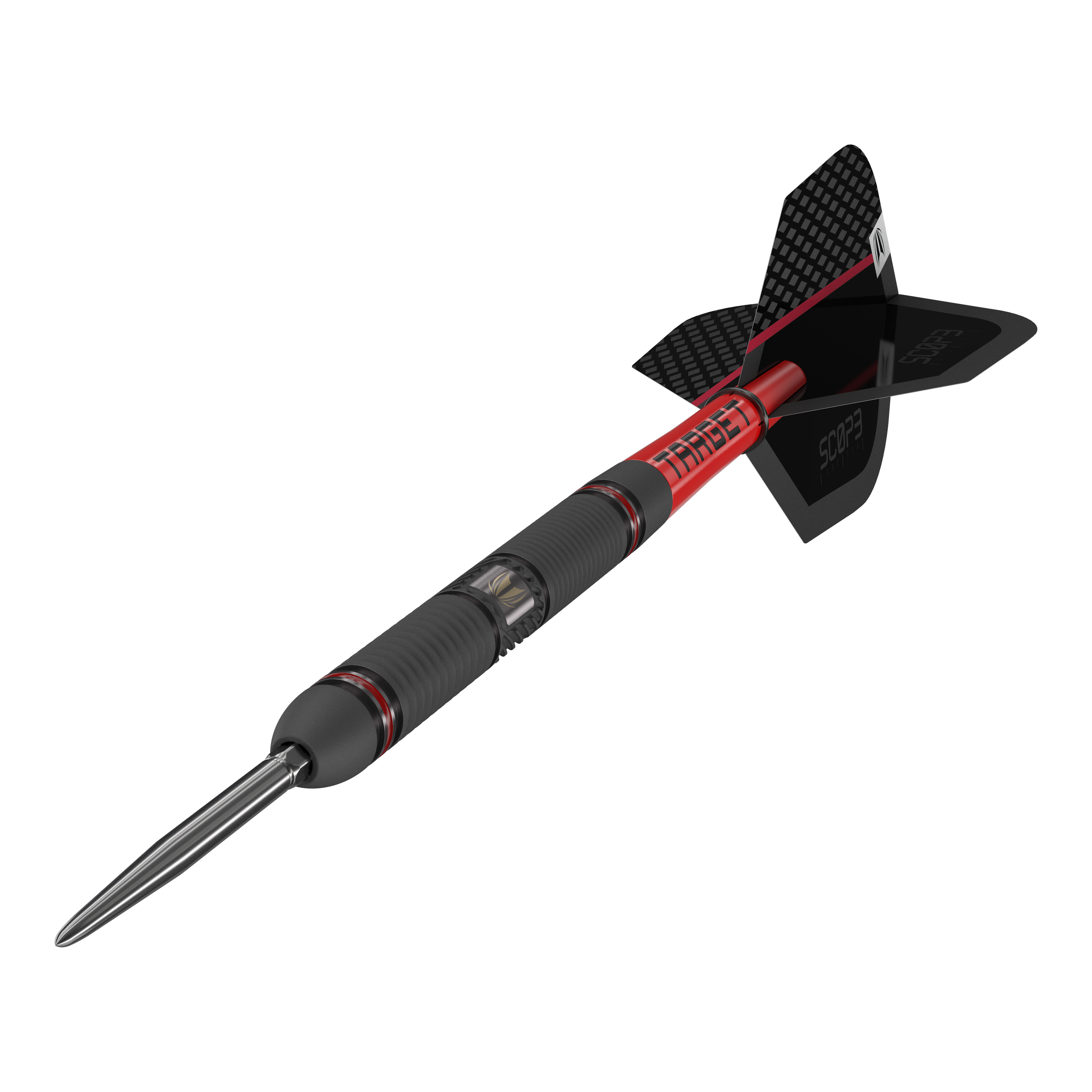 Target Scope 01 Swiss Point steel darts Das Bild zeigt einen Target Scope 01 Swiss Point Steeldart. Der Dartpfeil hat ein modernes Design mit schwarzen und roten Akzenten sowie einer stabilen Metallspitze.
