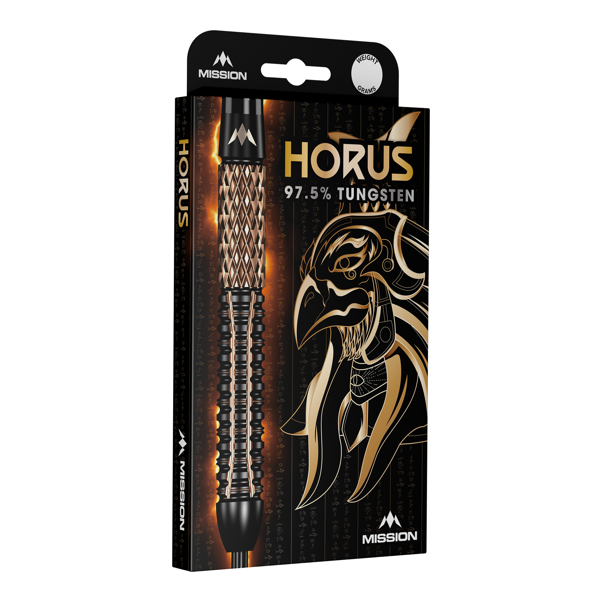 Mission Horus Steeldarts Die Verpackung zeigt die Mission Horus Steeldarts mit einem stilisierten Horus-Kopf im Hintergrund. Auf der Packung steht, dass die Darts aus 97,5 % Tungsten bestehen.