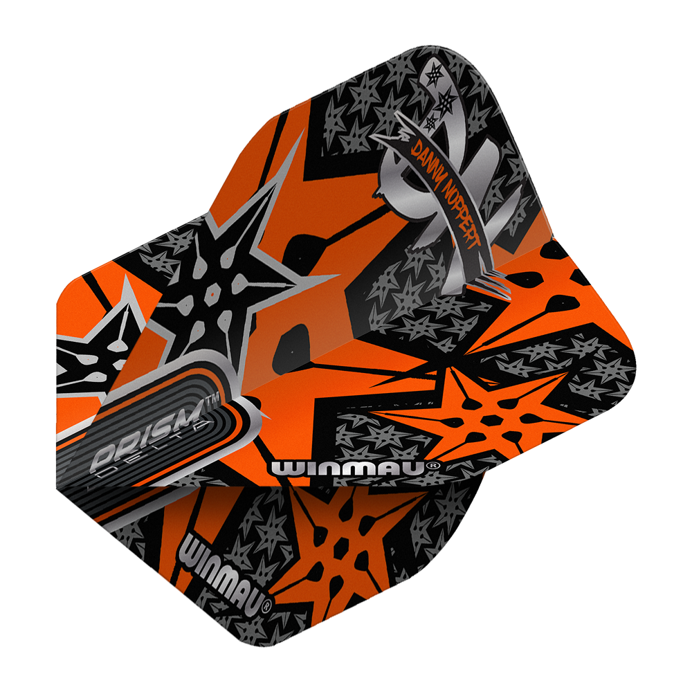 Winmau Prism Delta Danny Noppert Orange Signature No2 Standard Flights Das Bild zeigt ein Winmau Prism Delta Danny Noppert Orange Signature No2 Standard Flight. Das Flight hat ein auffälliges Design in Orange mit schwarzen und silbernen Sternen und dem Namen "Danny Noppert".