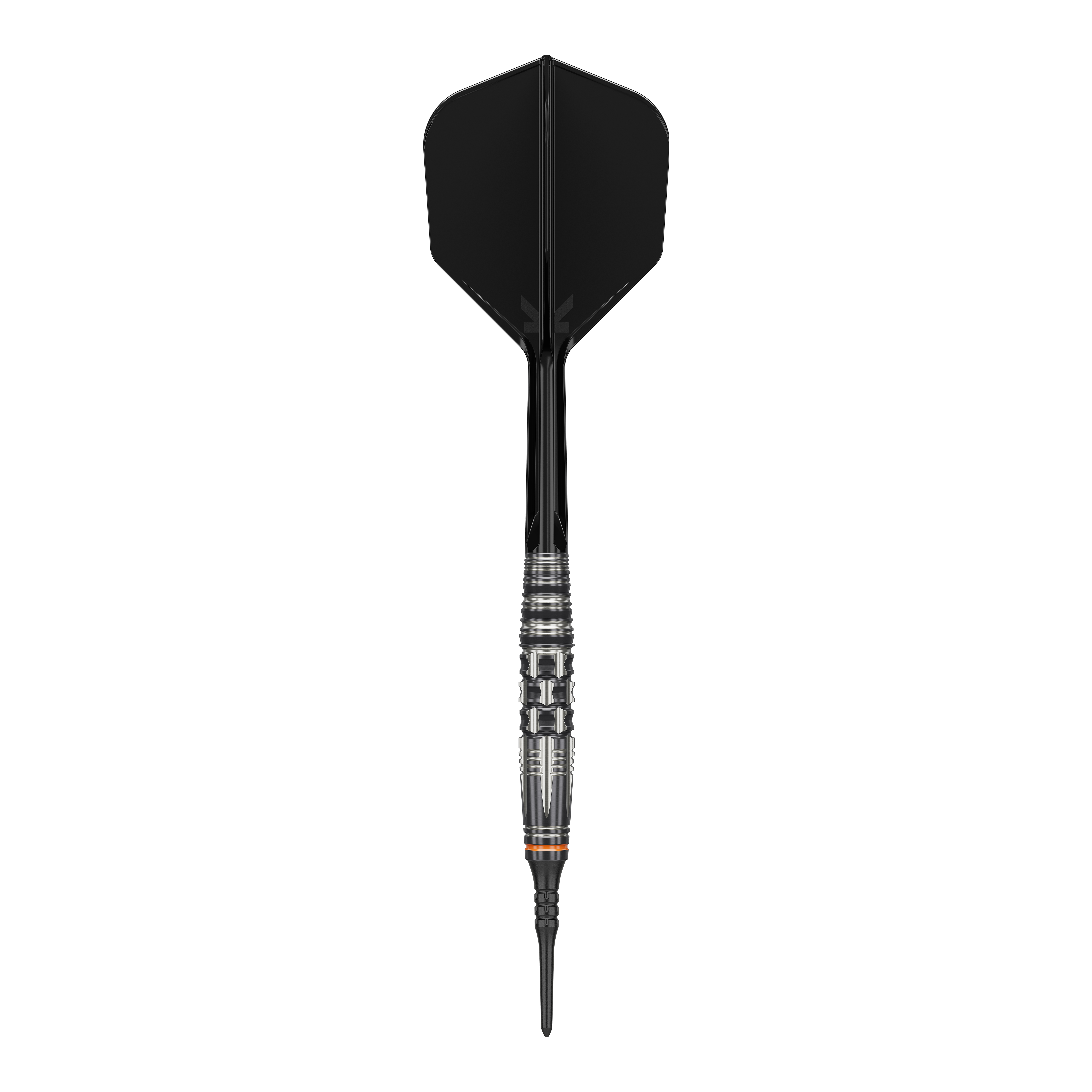 Das Bild zeigt einen Softdart mit schwarzer Spitze, Schaft und Flight. Es handelt sich um das Produkt "Target Japan Black Marque Dancing Duck GEN 4 Softdarts - 17g".