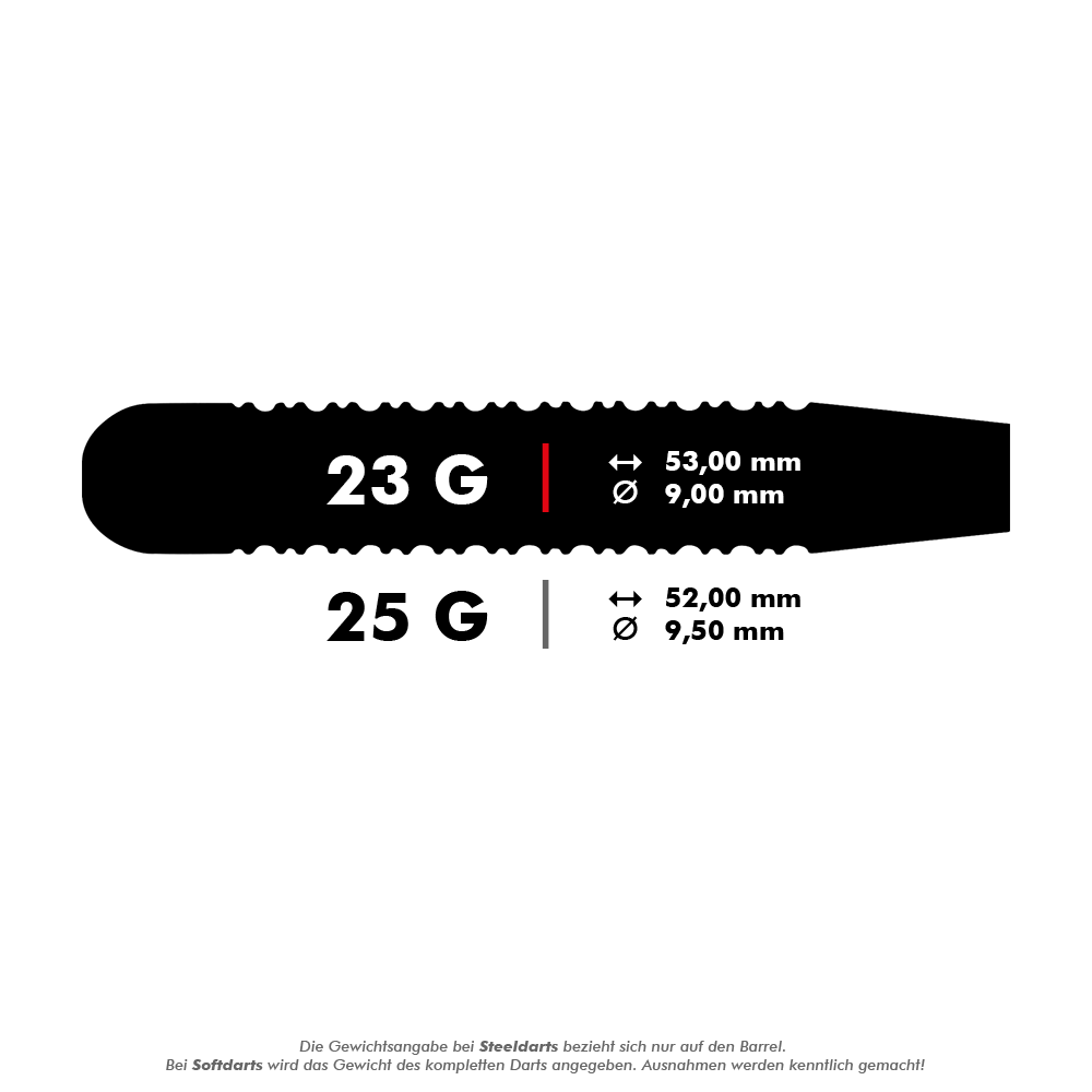 Das Bild zeigt die Maße der Unicorn Black Brass Gary Anderson V1 Steeldarts. Die Darts sind in 23 g mit 53 mm Länge und 9 mm Durchmesser sowie in 25 g mit 52 mm Länge und 9,5 mm Durchmesser erhältlich.