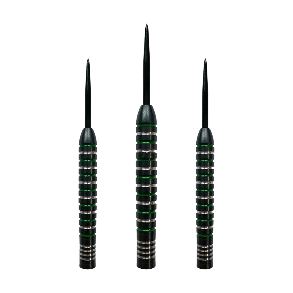McDart Silver Green Steeldart Barrels Das Bild zeigt drei McDart Silver Green Steeldart Barrels. Die Barrels sind schwarz mit silbernen und grünen Ringen.