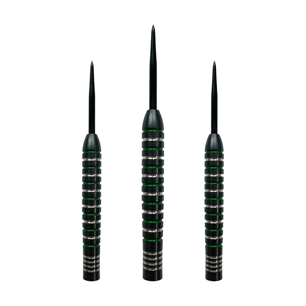McDart Silver Green Steeldart Barrels Abgebildet ist ein Set der McDart Silver Green Steeldart Barrels. Die Form der Barrels ist zylindrisch.
