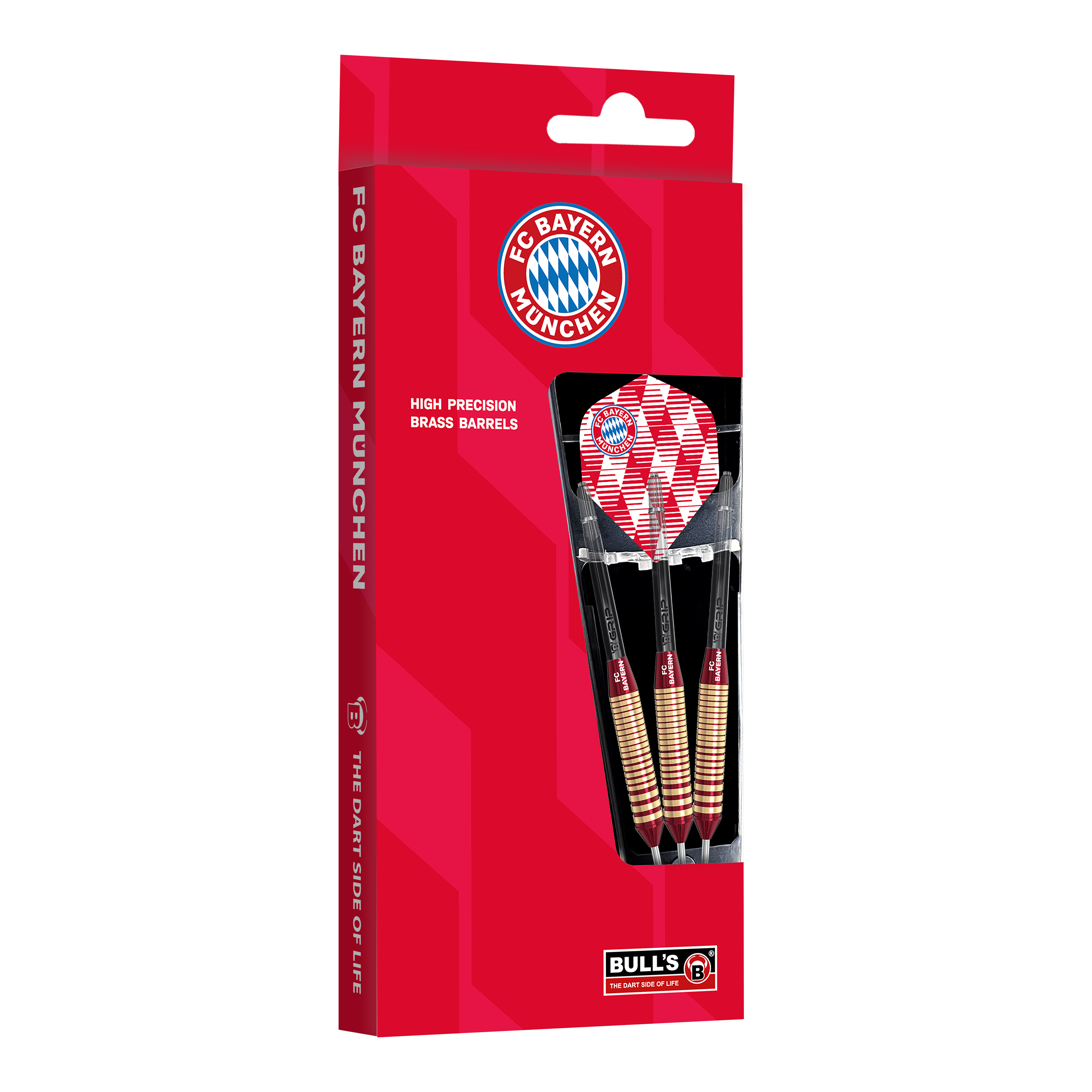 Das Bild zeigt die Bulls FC Bayern München Brass Steeldarts mit 21 Gramm Gewicht. Die Darts sind im Design des Fußballvereins FC Bayern München gehalten.